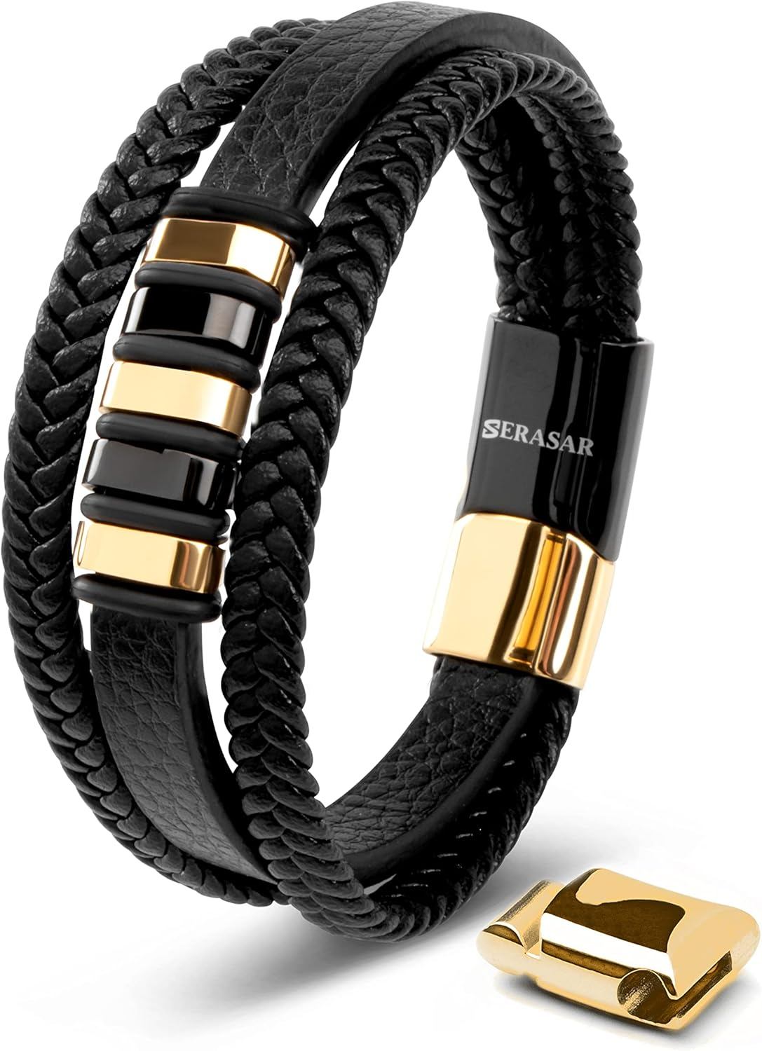 SERASAR | Premium Genuine Leather Bracelet [Glory] for Men in Black | Magnetic Stainless Steel Clasp in Silver and Gold | Exclusive Jewellery Box | Great Gift Idea
