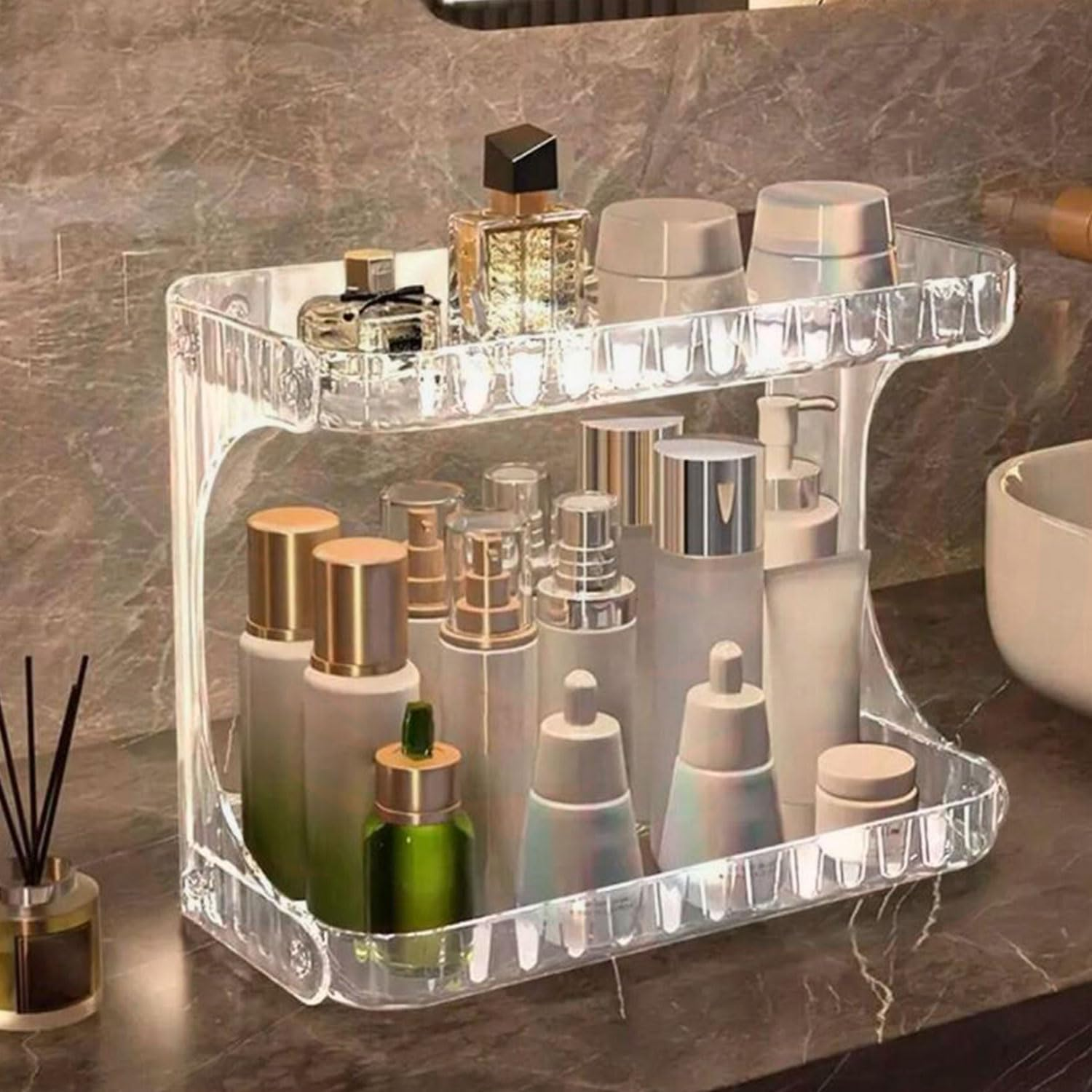 YIRANJIA 2-Tier Clear Acrylic Bathroom Countertop Organizer - Cosmetic Skincare Makeup Storage for Vanity, Kitchen & Coffee Table image number 5