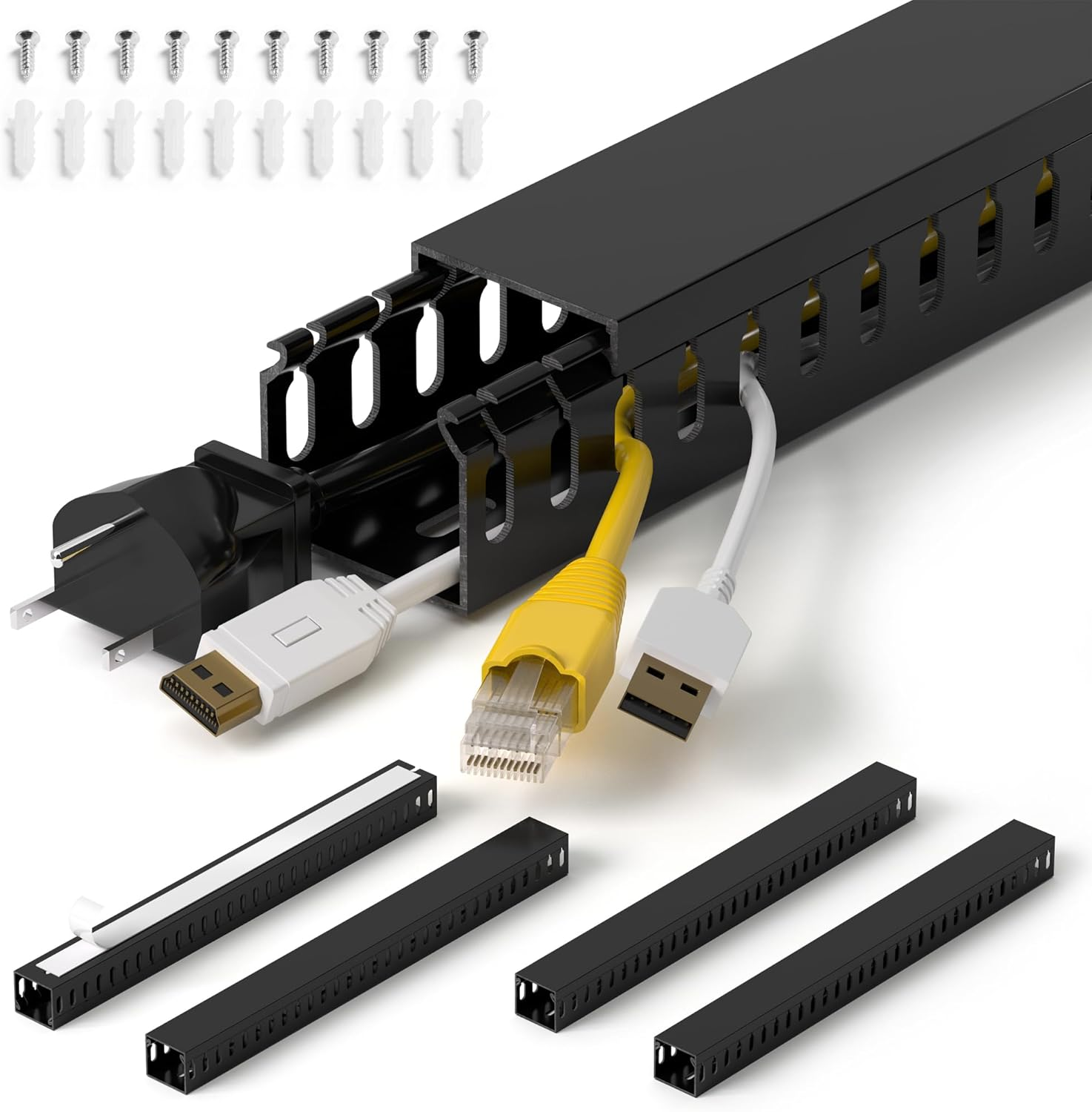 94.5In(6X L15.7In) Professional Server Rack Cable Management Raceway, H1.4 X W1.6In Cable Raceway Kit, Electrically Safe PVC Open Slot Wire Raceway for under Desk/Computer/Network Cords, Black