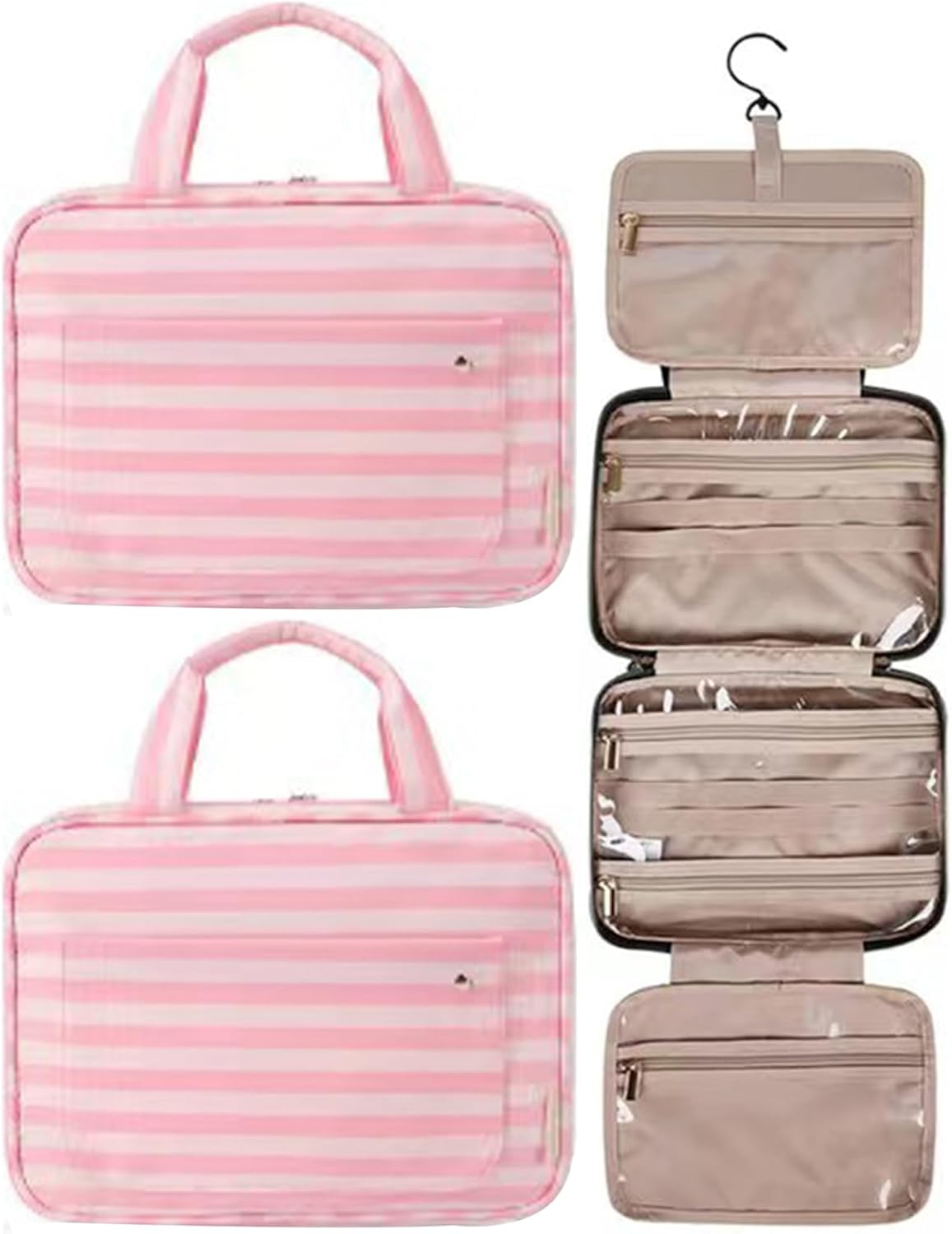 2 PCS Hanging Travel Toiletry Bag with Hook, Large Capacity Makeup Bag for Women & Men, Foldable Waterproof Cosmetic Organizer with 4 Transparent Compartments for Bathroom, Travel Essentials (Pink)