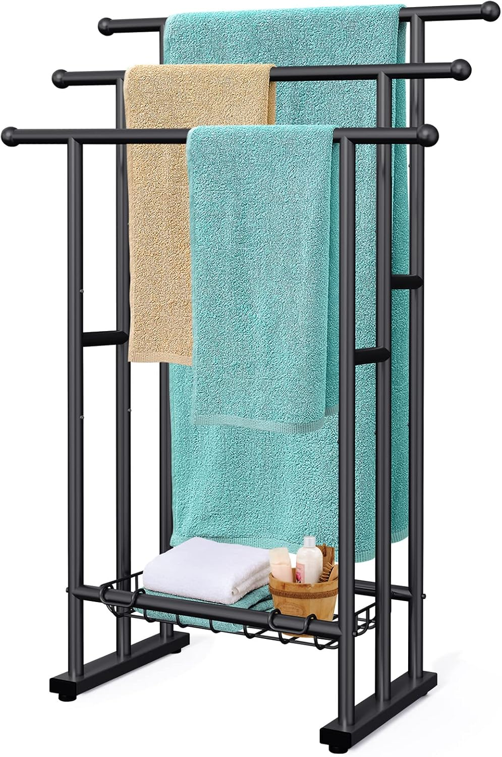Kayfia 40/'' Tall Freestanding Towel Racks for Bathroom, 3 Tier Floor Rack with Storage Basket, Blanket Ladder Drying and Display Large Bath & Hand Outdoor Poolside (Silver), Grey (MJJ-FZ)