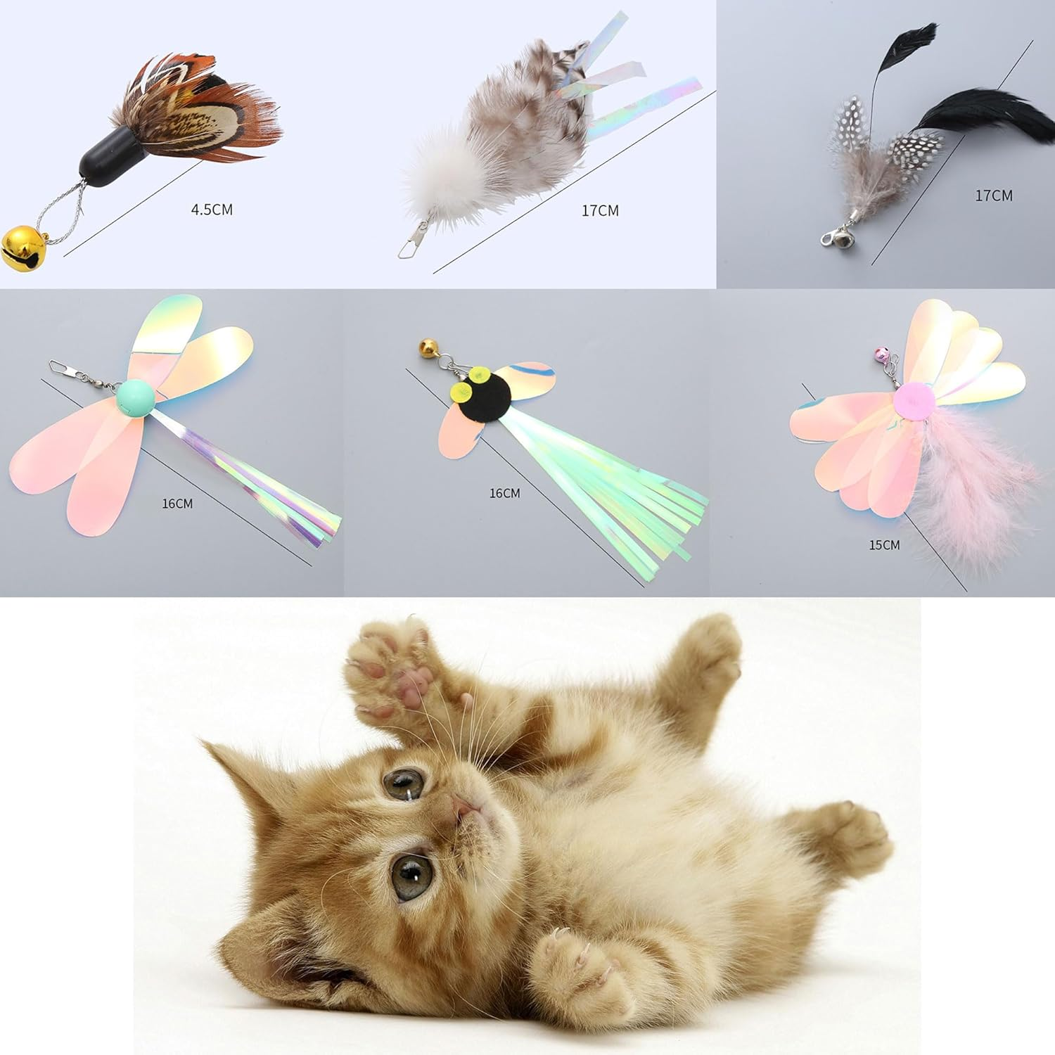 Hayaww Pack of 6 Cat Angel Replacement Pendants Cat Toy Feather Cat Feather Toys Replacement Interactive Cat Toy Interactive Cat Fishing Replacement Feathers with Pendant Feather Bell (A) image number 1