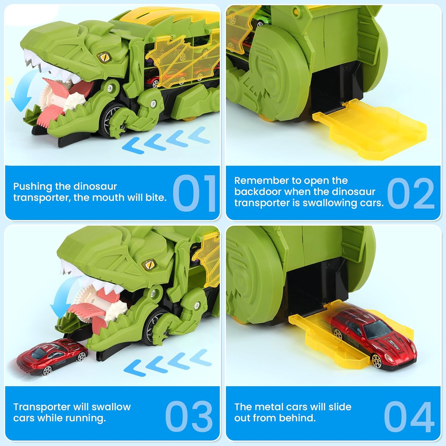 Dinosaur Truck Toy for Kids, Transforms into Triceratops with Race Track Set, City Dinosaur Transporter with 8 Toy Vehicle for Kids Boys over 3 Years Old image number 3