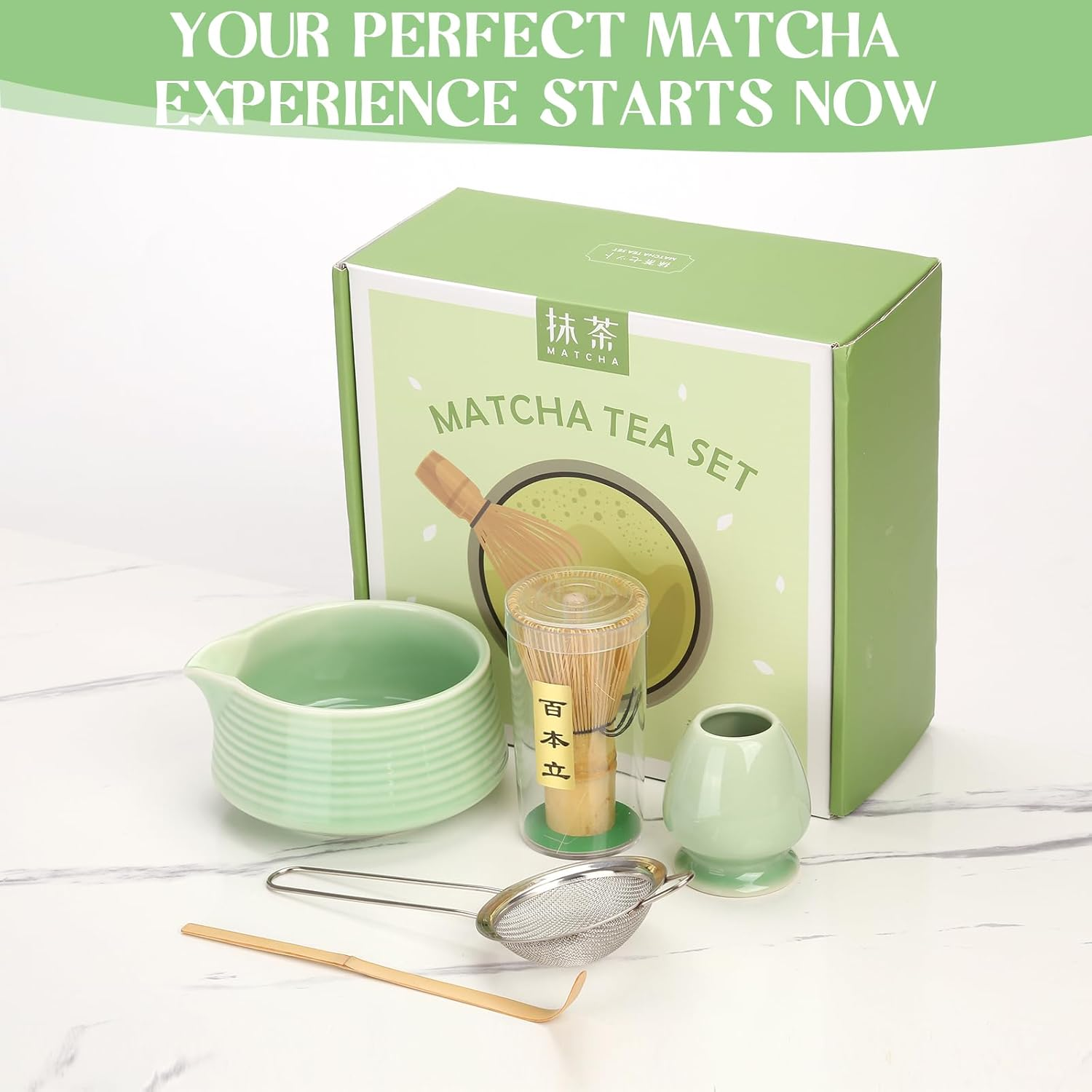 Matcha Whisk Set, Matcha Bowl with Spout, Matcha Whisk and Holder, Bamboo Matcha Scoop and Stainless Sifter - 5 Pcs Jade Green Matcha Kit for Matcha Lover image number 5