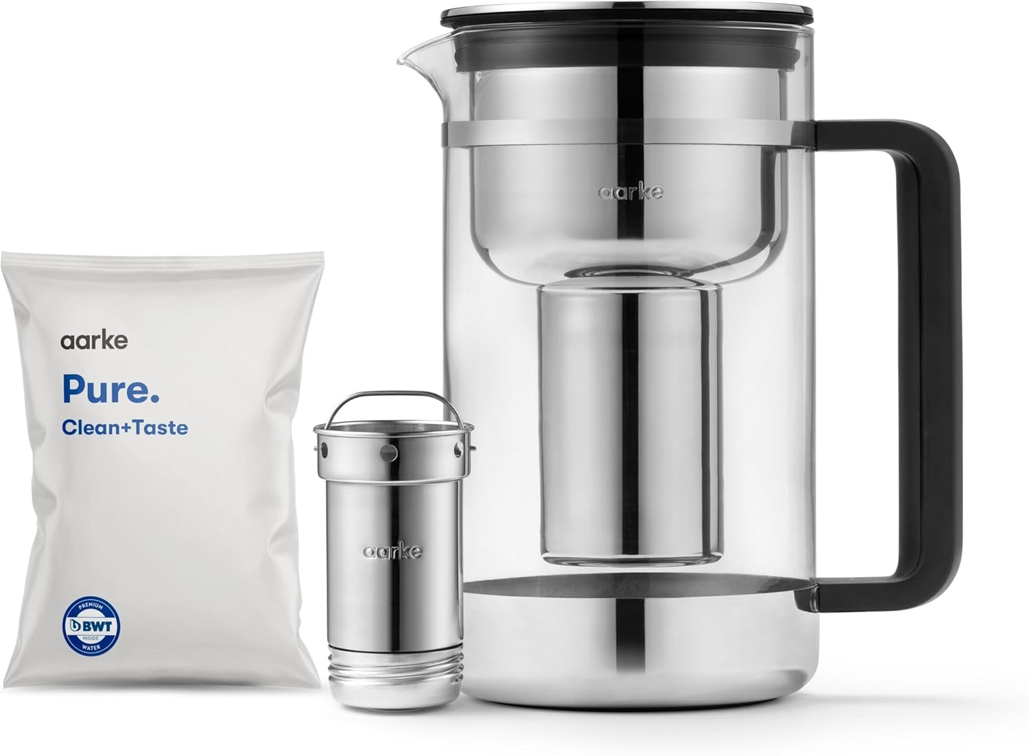 Aarke Purifier Large, Water Filter Jug in Glass and Stainless Steel, 2.8L / 12 Cups, Includes Aarke Pure Filter Refill Bag image number 2