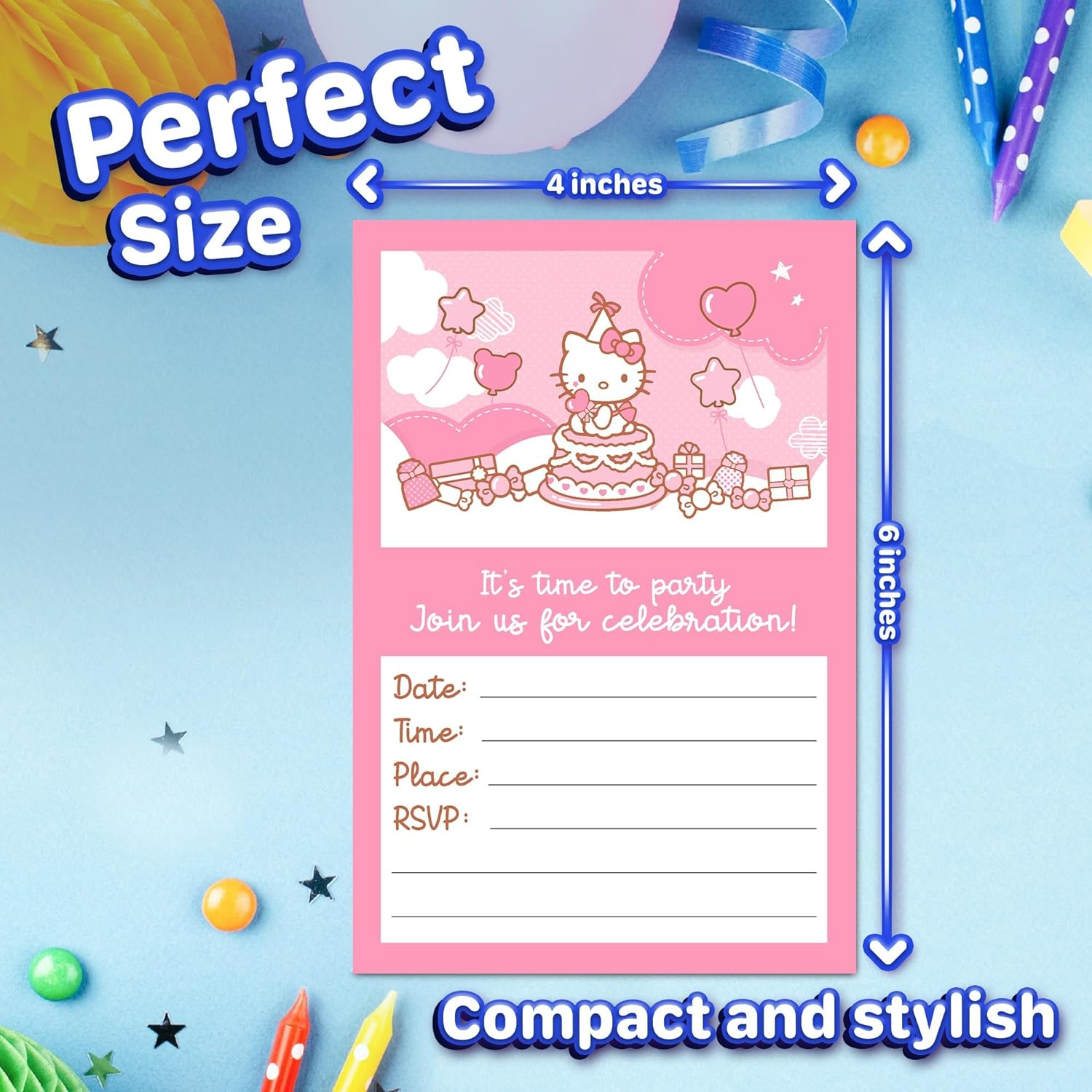 Set of 20 Hello Kitty -Themed Happy Birthday Invitation Cards & Envelopes - Lightweight (240G), Postcard Style Invites for the Perfect Party Pack image number 2