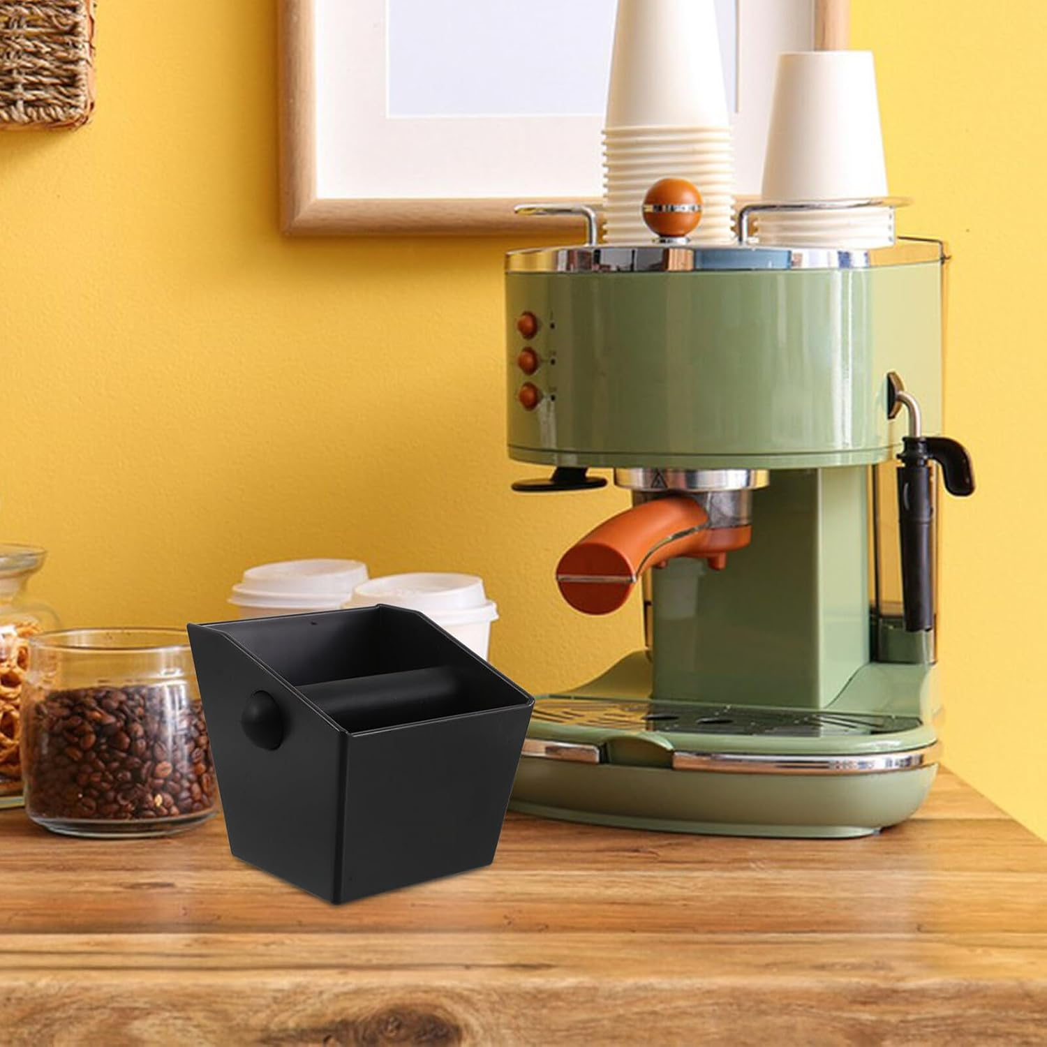 DOITOOL Coffee Knock Box Espresso Ground Waste Bin Black Square Container Detachable Knocking Bar Non-Slip Base Sturdy Coffee Ground Container Home Office image number 1
