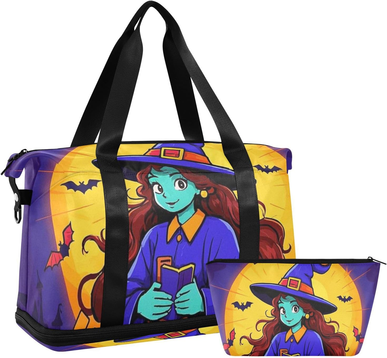 Happy Halloween Cartoon Cute Witch Overnight Travel Duffel Bag Travel Weekender Gear Bag with Toiletry Bag for Trip Waterproof, Happy Halloween Cartoon Cute Witch, 1 Size image number 5