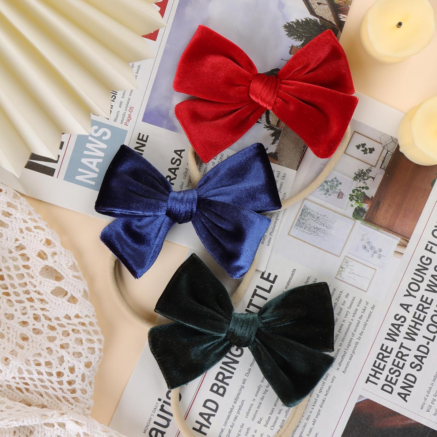 ONENINEDREAM Baby Girls 4" Velvet Hairband Handmade Tied Bow Elastic Nylon Hair Accessories, 3 Pcs Red, Green, Dark Green
