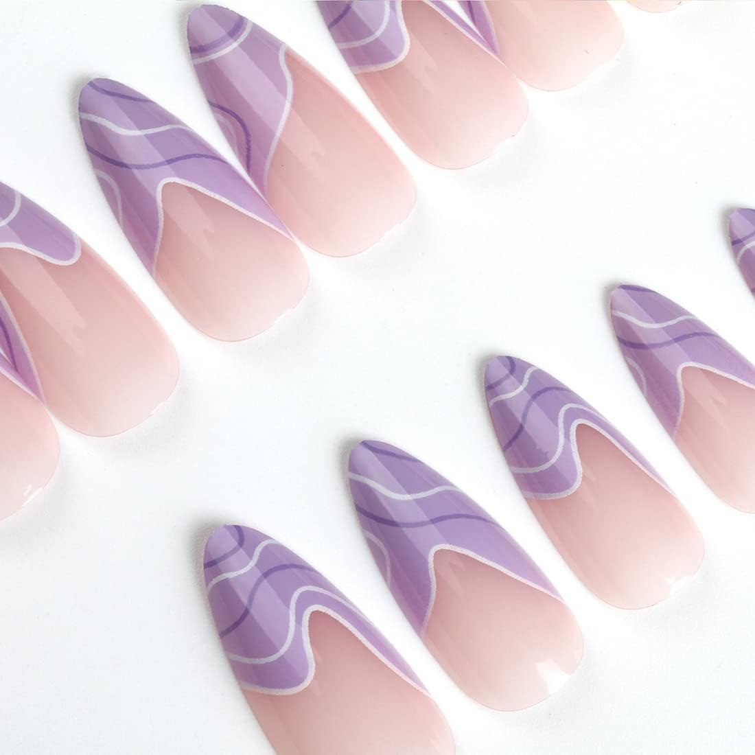 24Pcs Nude Abstract Press on Nails Medium and Long Almond Pointed Full Cover Nails Reusable for Women and Girls DIY Manicure Salon Beginners - Pink image number 2