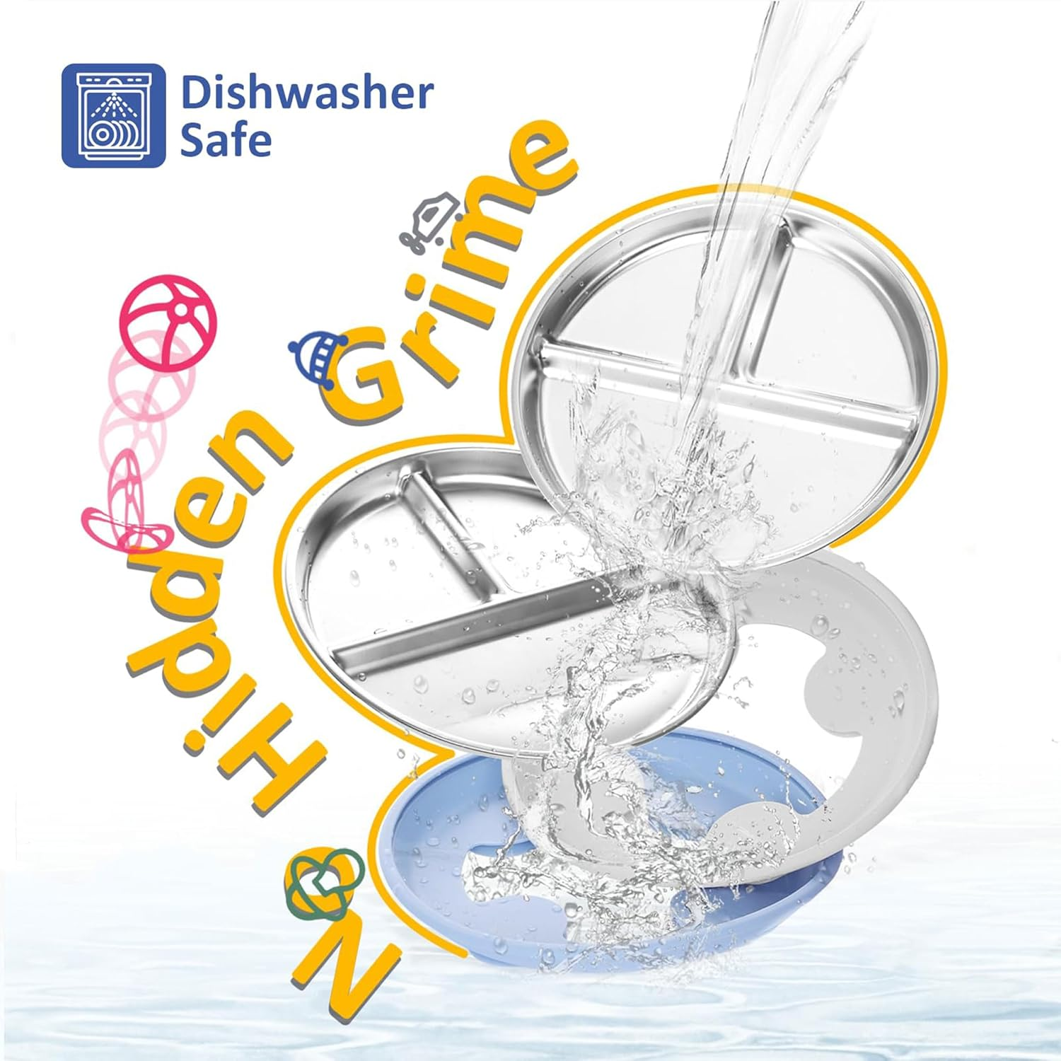 Stainless Steel Baby Plate with Suction, 9&rdquo; Divided Toddler Plates with Removable Silicone Sleeves for Kids, Non-Toxic Non-Slip Unbreakable Dishwasher Safe Dinnerware(Blue & Gray & Beige-9In) image number 3