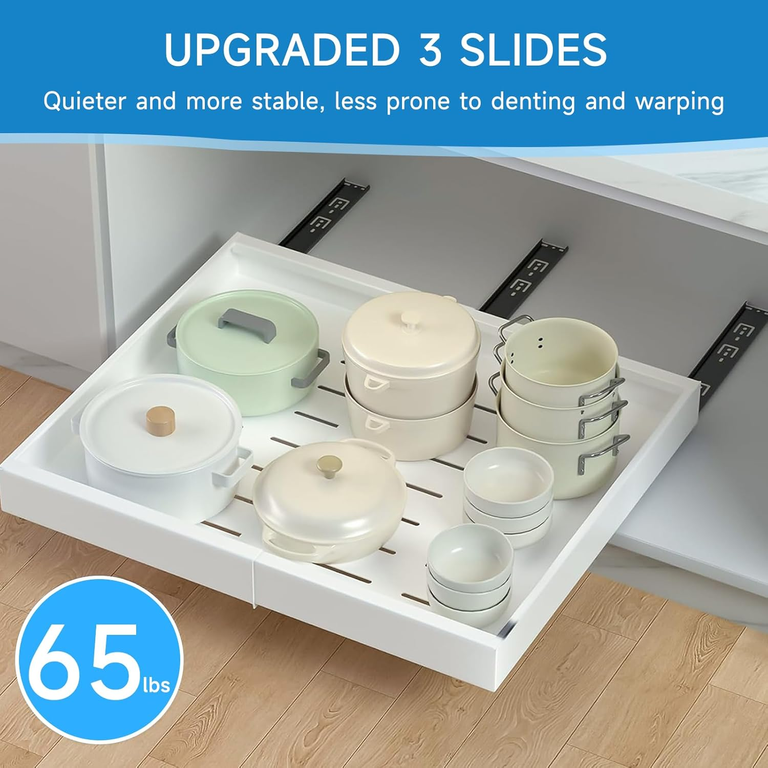 Pull Out Cabinet Organizer, Expandable (12.4"-20.5") Pull Out Drawers for Cabinets Fixed with Adhesive Film,Adjustable Peel Stick Slide Out Drawers for Kitchen Cabinets Pantry Bathroom-21&ldquo; Deep image number 4
