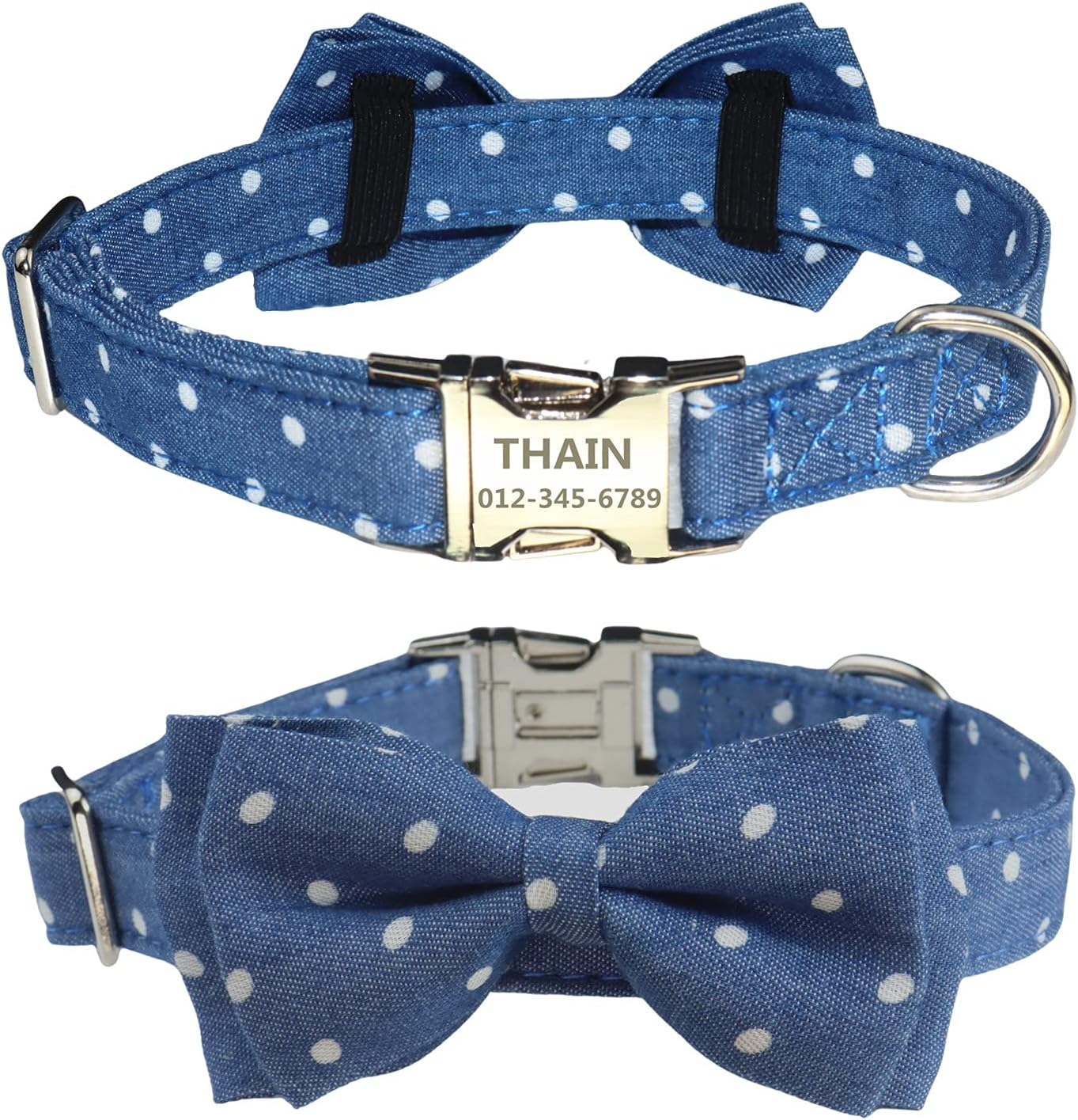 THAIN Custom Dog Collar Personalized for Male Female Dogs-Denis Dots,Plaid Pattern Engraved Pet Collars with Name Personalized Metal Buckle (S(Neck 9.8-13.8"), Denim Dots Blue) image number 4