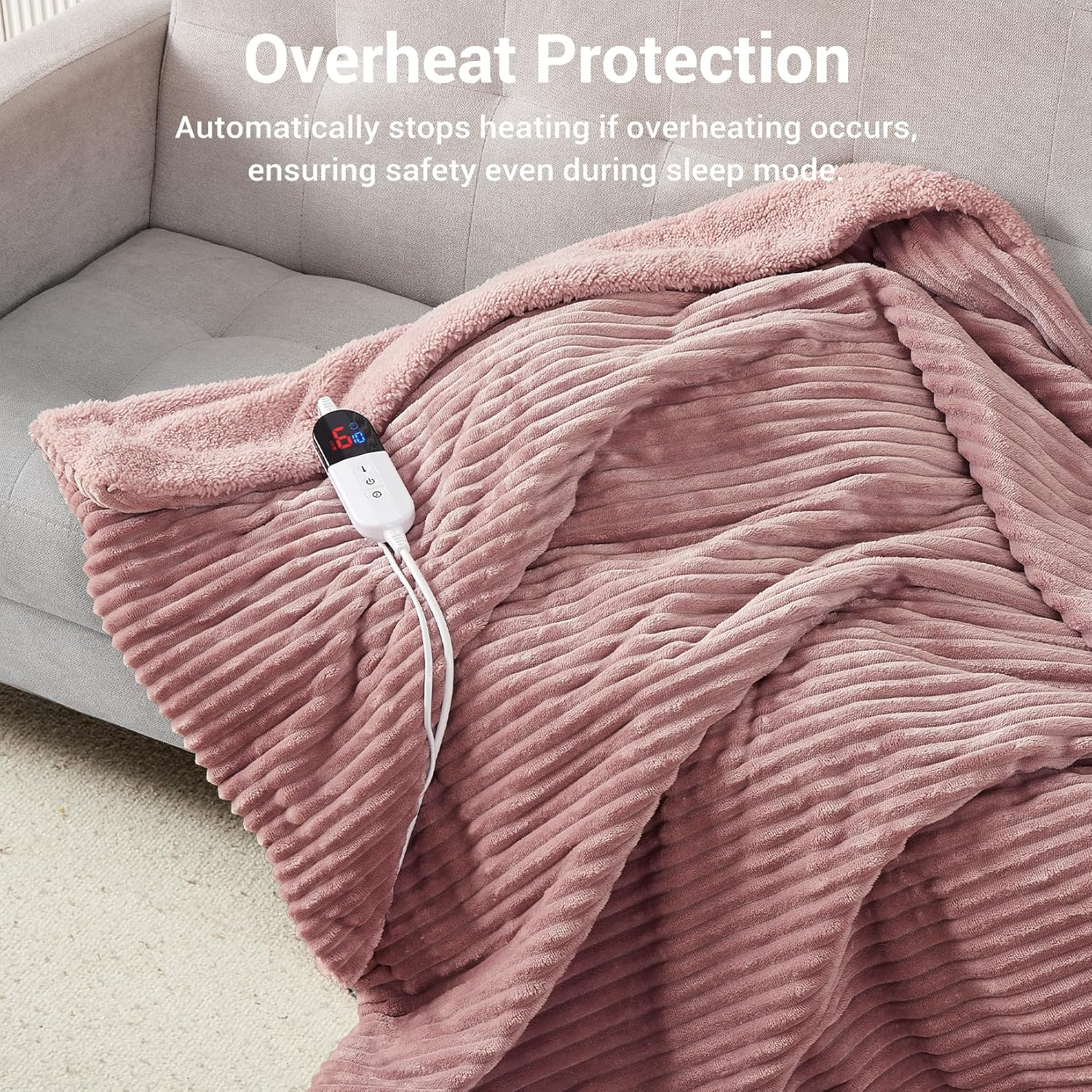 Electric Throw Blanket 130X160Cm, Thick Ribbed Flannel Heated Blanket, Heated Throw Blanket with 6 Heating Levels, 10 Time Settings, SAA Certified & Machine Washable Throw Rug, Pink image number 6