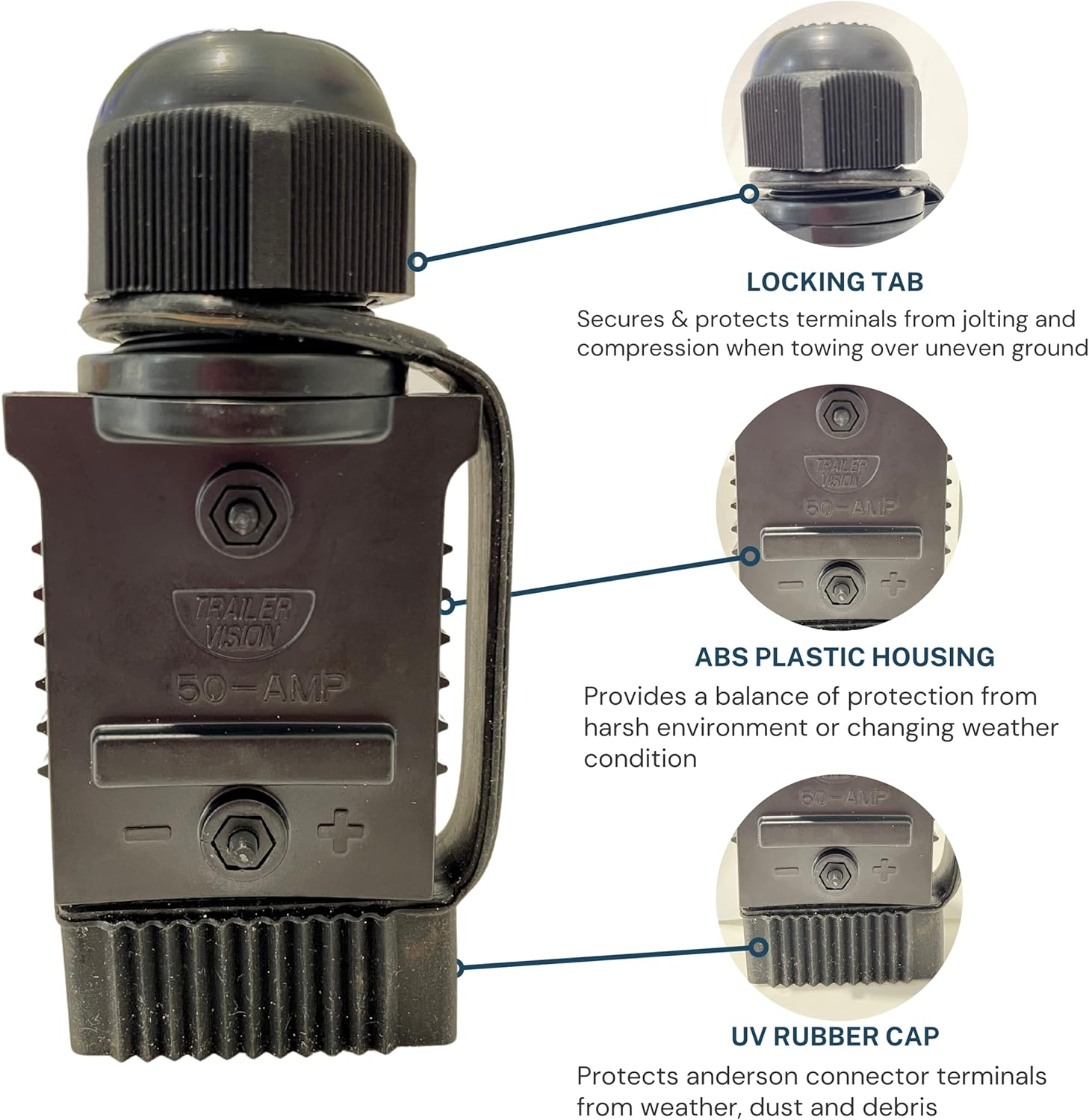 Trailer Vision 50 Amp Anderson Connector Cover Assembly with Rubber Dust Cap & LED - Protective Sleeve for SB50 Anderson Plugs Quick Connect System for Caravans Trailers Trucks Ute 4WD - 50A Black image number 1