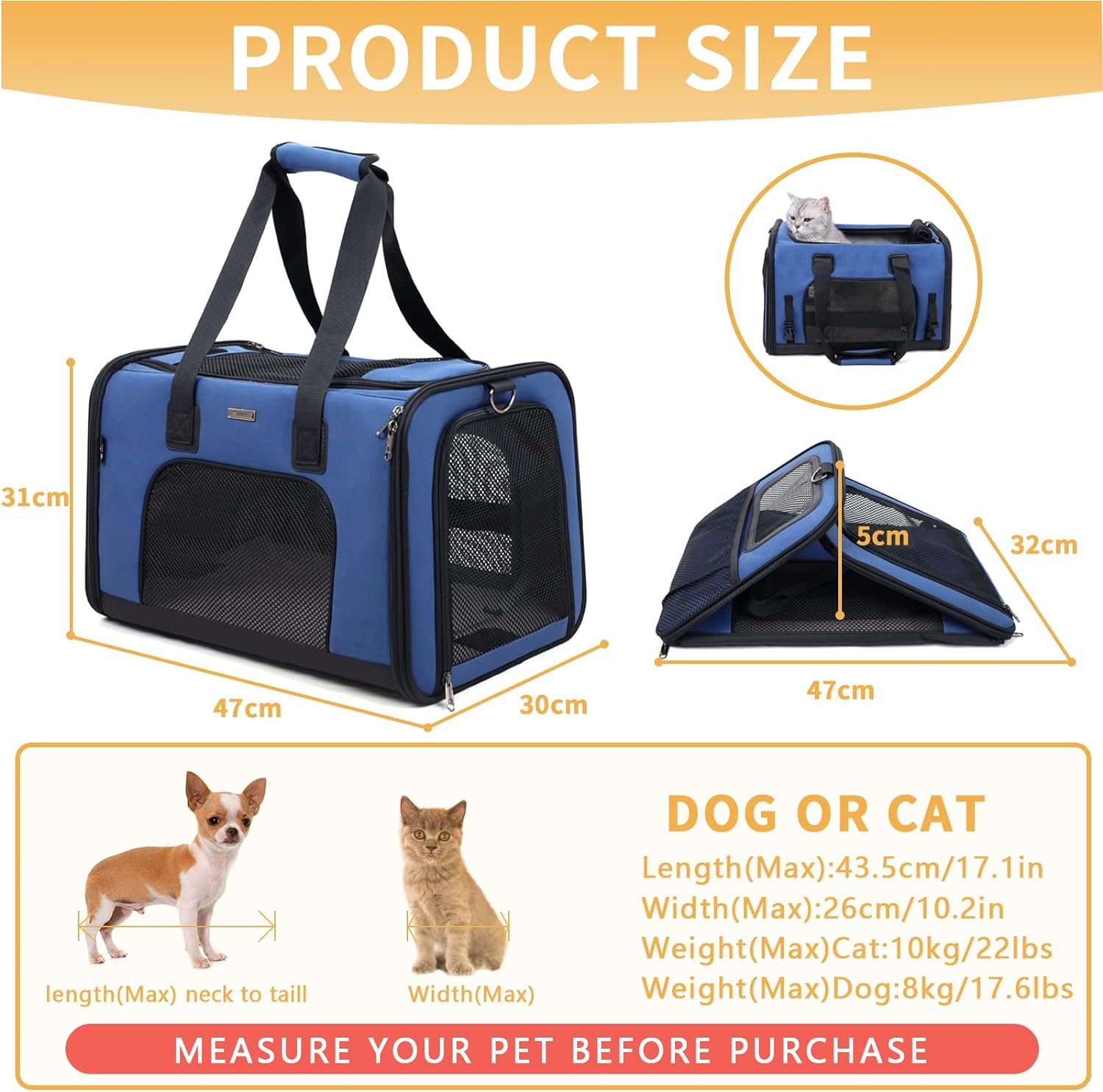Soft Side Pet Carrier, Cat Carrier Bag, Pet Carrier Bag for Small Dog Cat, Portable Bag Carrier for Small to Medium Cat and Small Dog,Cat Carrier 47L X 31W X 30H Centimetres image number 2