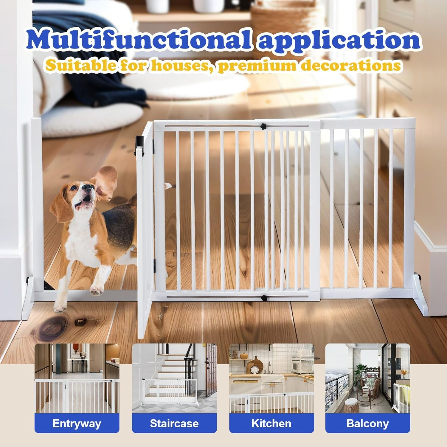 Pet Safety Gate with Walk over Door,Extensible Width 113Cm-165.5Cm, Freestanding Dog Fence Safety Guard Indoor Wooden Playpen Foldable Barrier Protection Net Stair Partition White 3 Panels image number 2