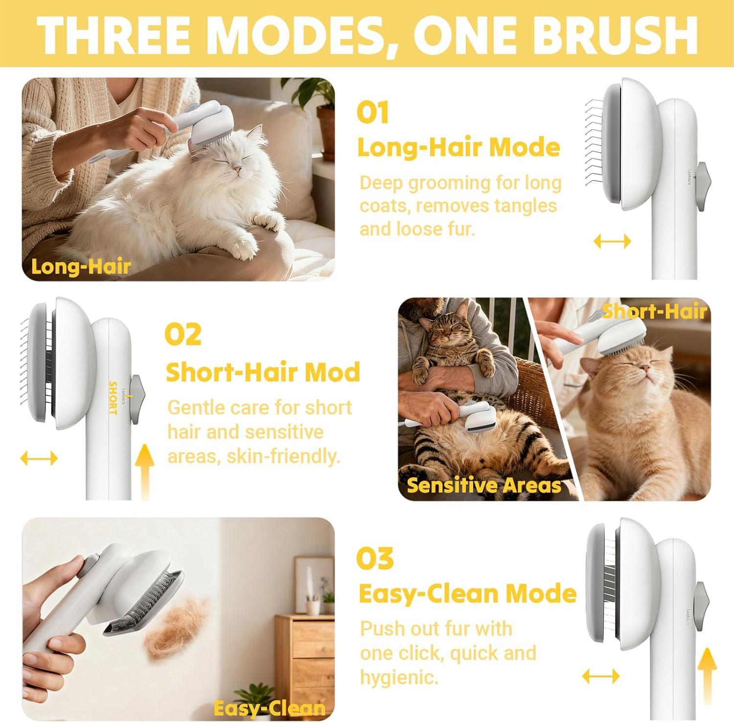 Cat Brush & Dog Brush, Self Cleaning Slicker Brush with 3 Modes, Deshedding Grooming Tool for Cats & Dogs, Hair Remover for Short & Long Haired Pets, One-Click Easy Clean Removes Loose Fur & Tangles image number 6