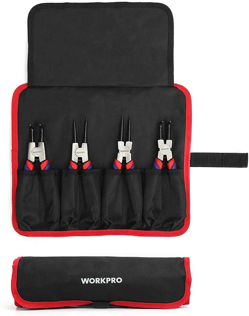 WORKPRO 4-Piece Snap Ring Pliers Set - Heavy Duty 7-Inch Internal/External Circlip Pliers Kit (Tip Diameter 5/64'')-Straight/Bent Jaw - Cr-V Steel - for Ring Remover Retaining- Storage Pouch Included image number 3