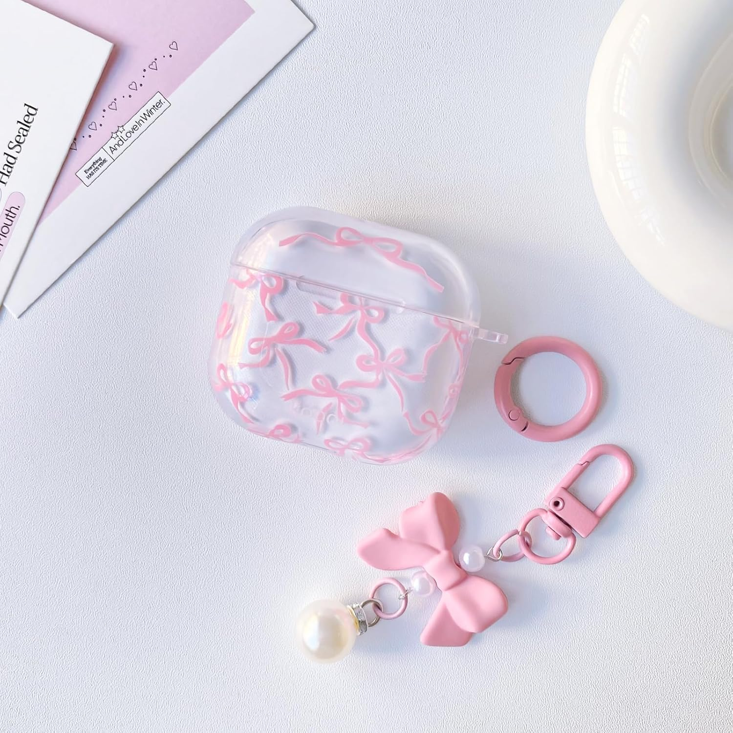 Lovmooful Compatible for Airpods 4Th Case Cute Clear Ribbon Bowknot with Lovely Pearl Chain Design for Women Girls Soft TPU Shockproof Protective Cover Case for Airpods 4 - (Pink) image number 7