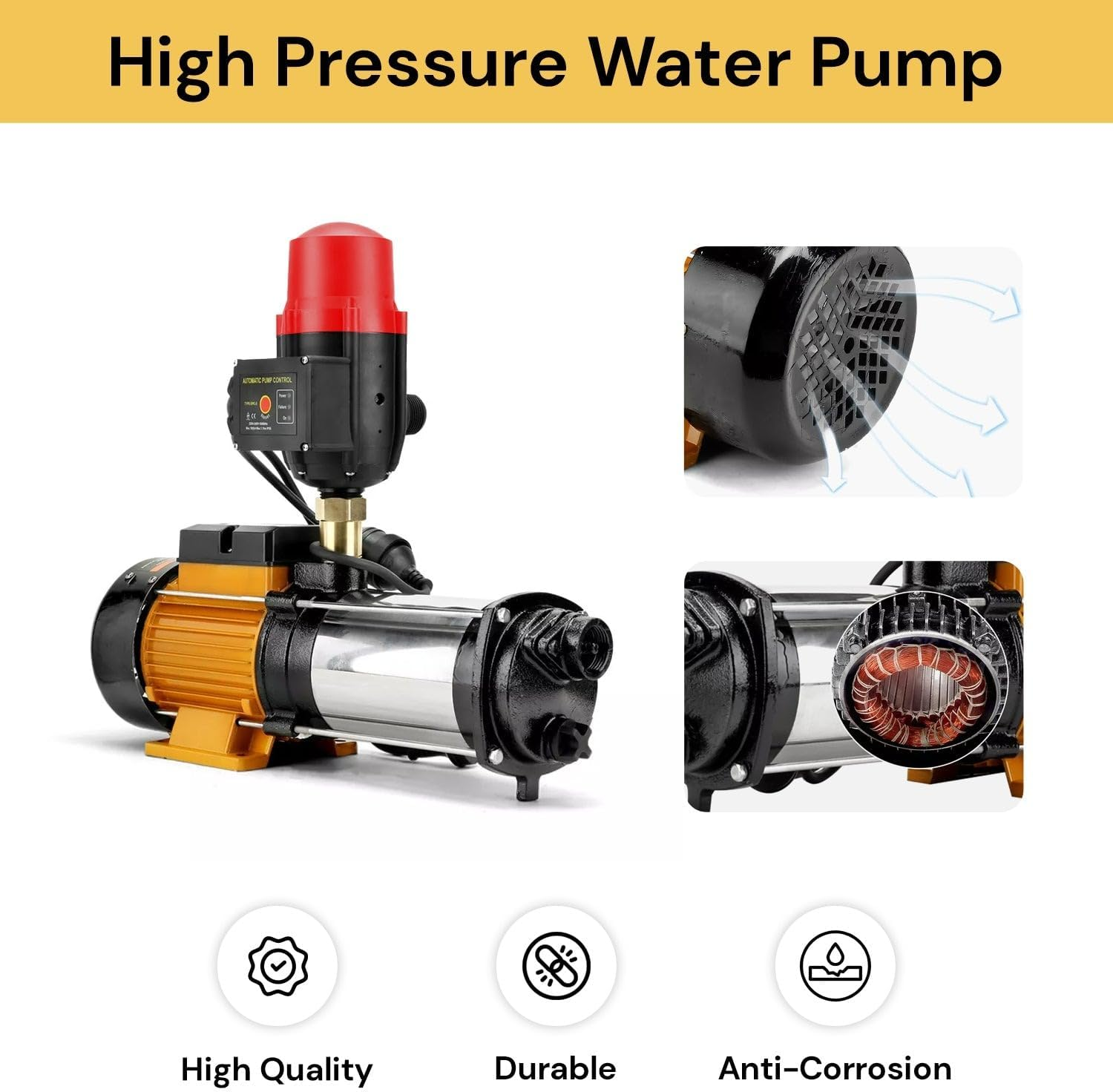 EZONEDEAL Self Priming Water Pump, 2000W 240V Electric High Pressure Garden Pumps Controller Irrigation for Pool Pond Tank Home Farm, Portable Automatic Switch Anti-Rust Stainless Steel Body image number 2