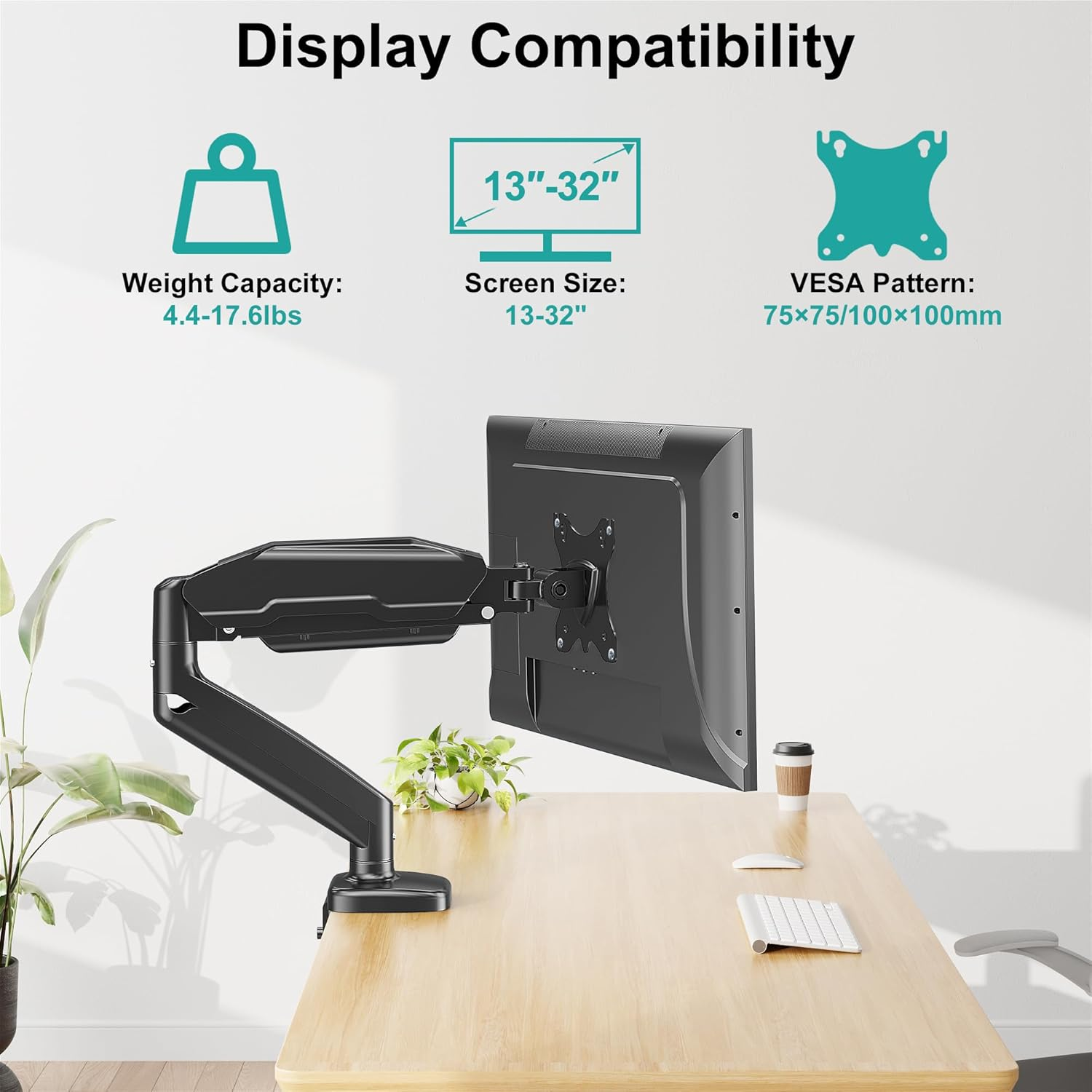 Mount PRO Single Monitor Mount,Articulating Gas Spring Monitor Arm,Fits 13 to 32 Inch LCD Computer Monitors,Holds 17.8Lbs,Adjustable VESA Mount Desk Stand with Clamp,Grommet Base,Vesa 75X75,100X100 image number 5