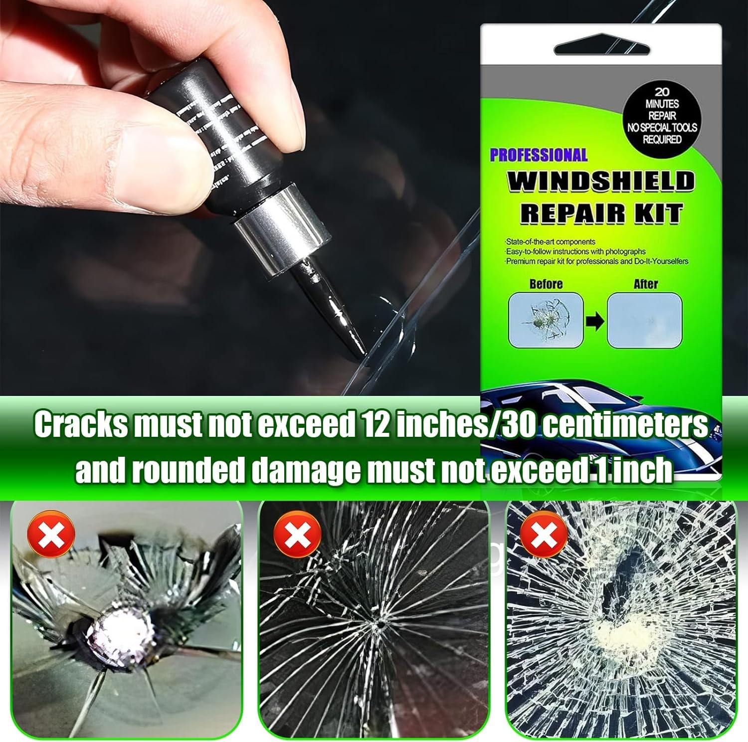 Windshield Crack Repair Kit, for Bulls-Eyes, Half-Moon, Cobweb, Star and Long Line Cracks - DIY Glass Repair Tool Kit with Resin, Syringe, Curing Films image number 6