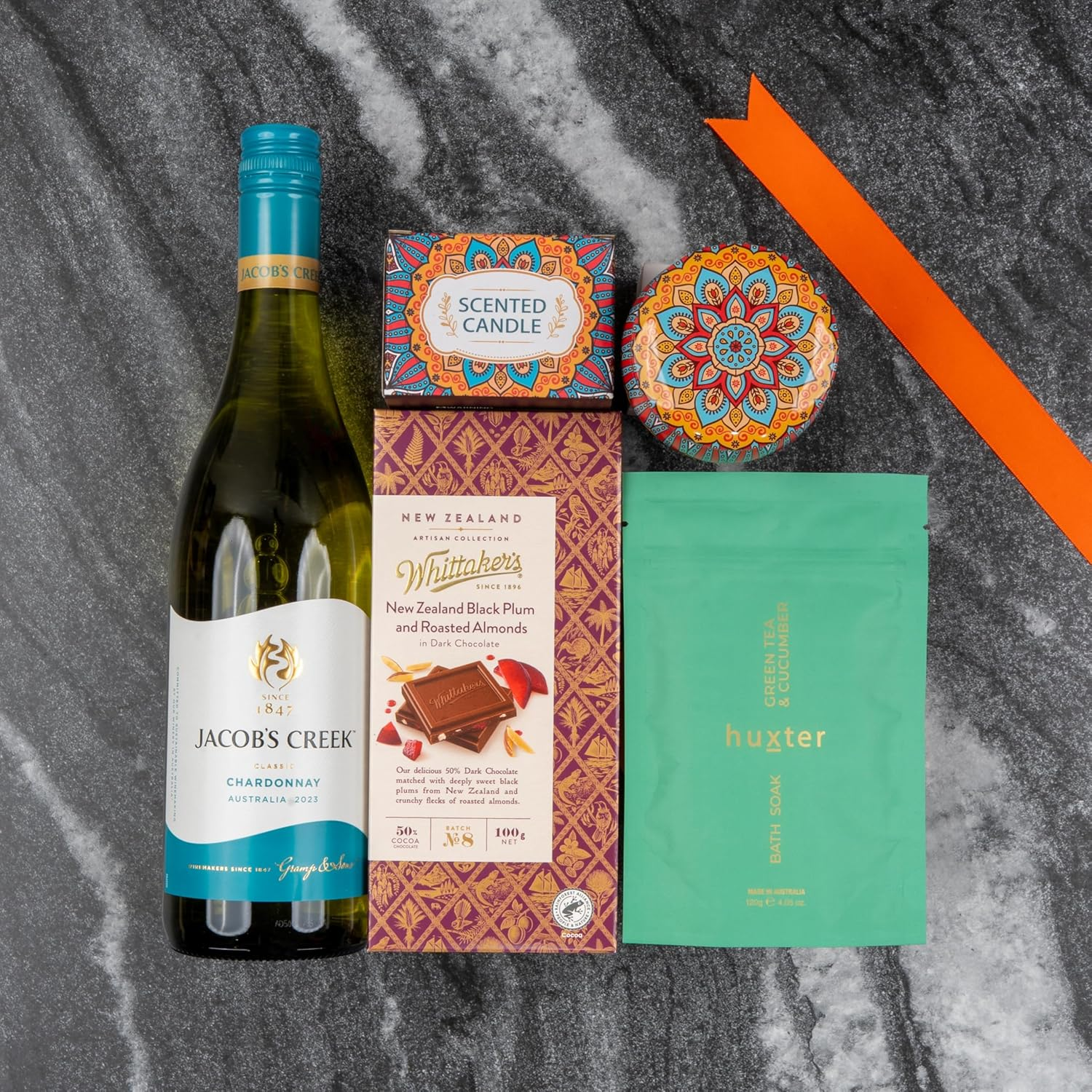 Luxury Pamper Hamper, Relaxation Gift Set, Green Tea Bath Soak, Chardonnay Wine, Scented Candle, Gourmet Chocolate, Perfect Birthday or Thank You Gift