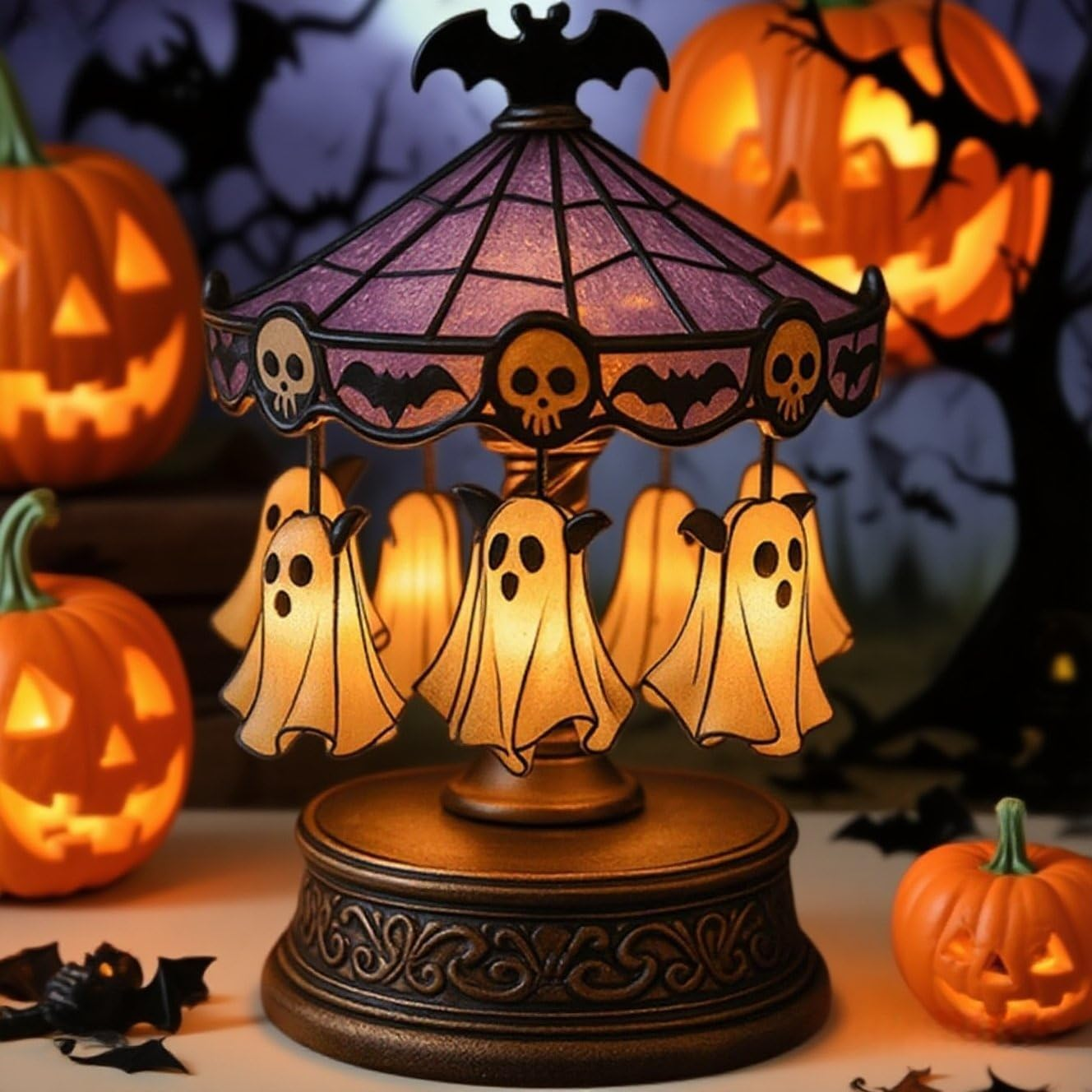 Ghost Carousel Lights, Halloween Ghost Carousel Night Light Decor, Night Light USB Rechargeable, Antique Copper Base & Purple Stained Glass, for Indoor Home Party Kitchen Table image number 5