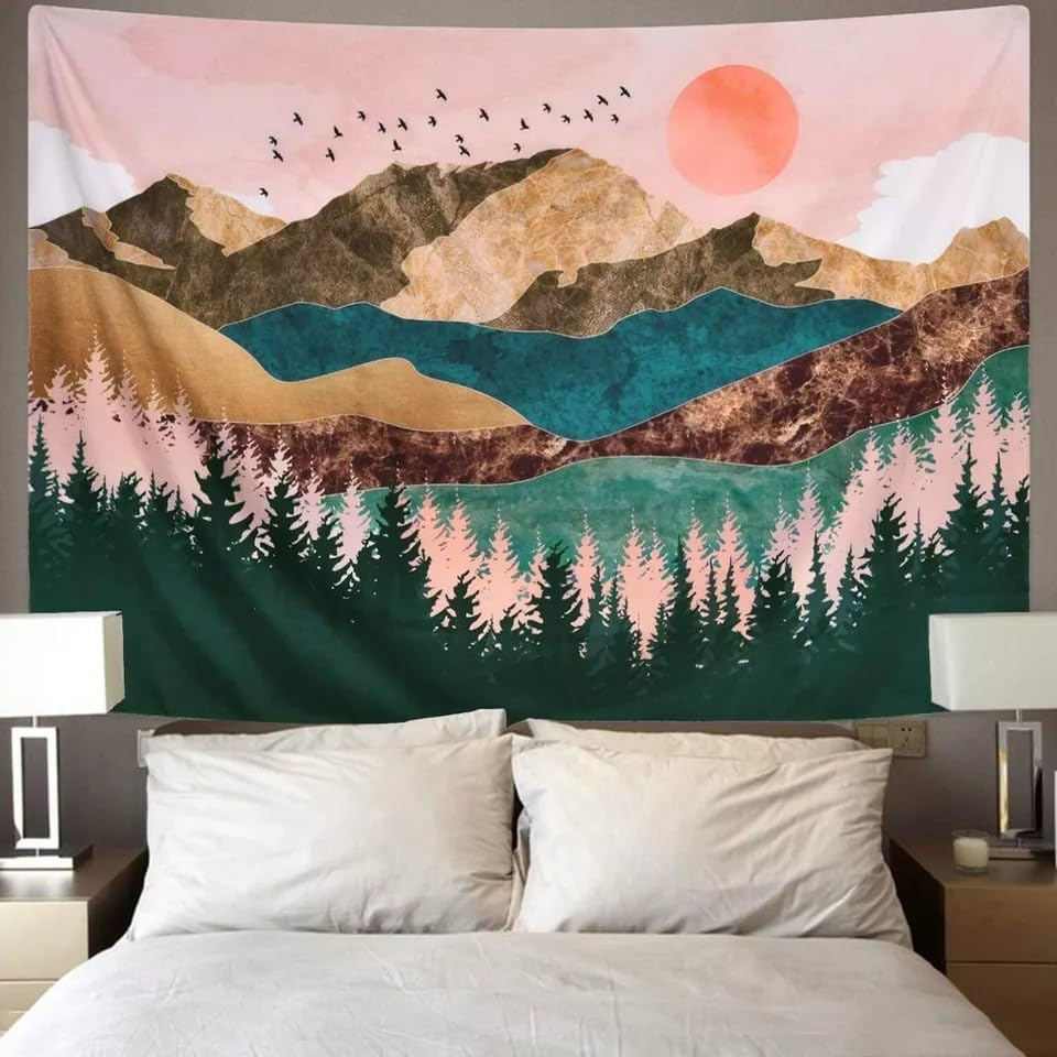 Mountain Tapestry &ndash; 200X150Cm Boho Wall Hanging with Sunrise, Forest, Birds & Pink Sky &ndash; Abstract Nature Landscape Art for Bedroom, Meditation, Living Room &ndash; Steadyink&reg;