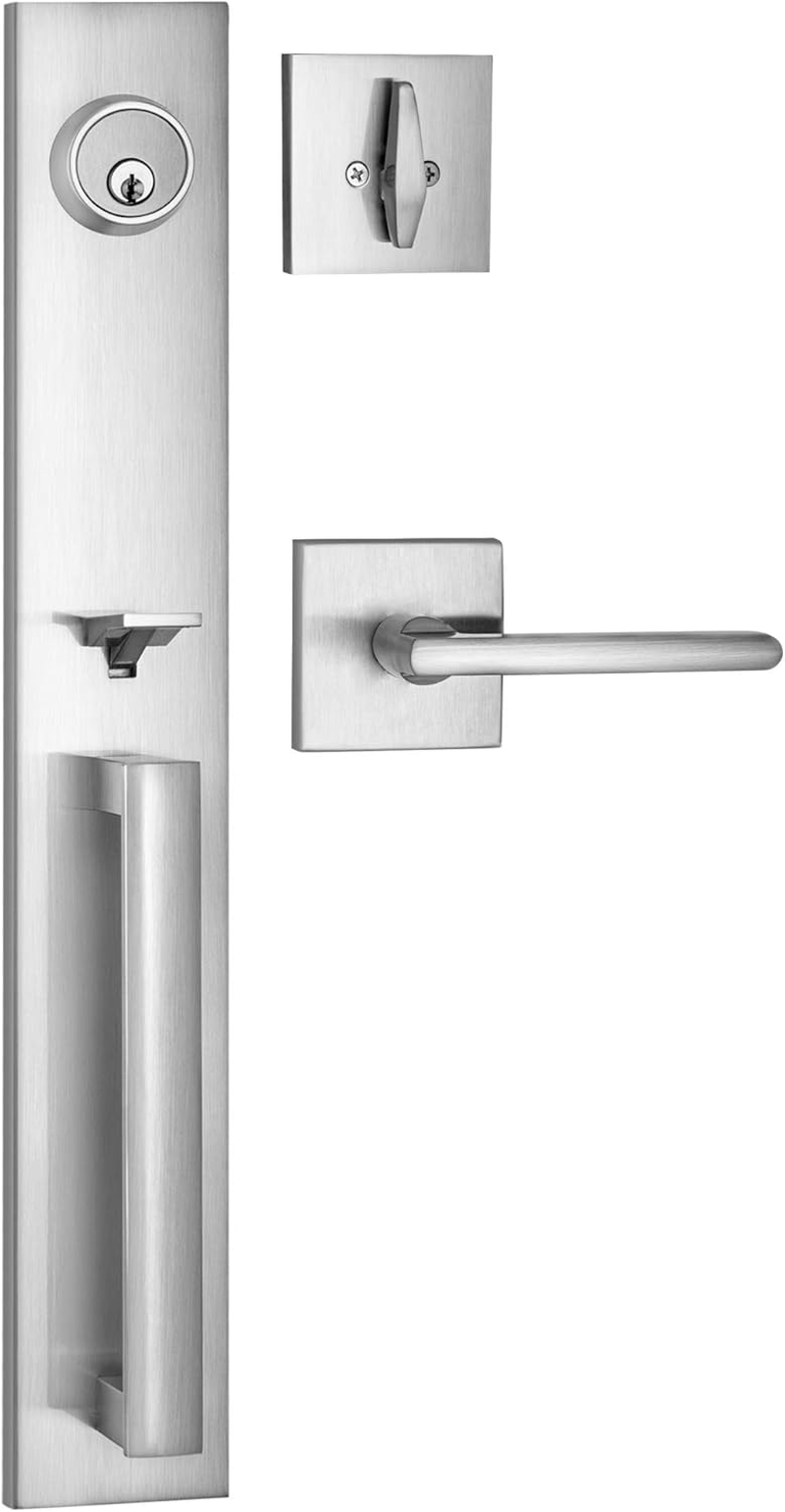 Berlin Modisch Full Escutcheon Handleset Front Door Entry Handle and Deadbolt Lock Set Slim Square Single Cylinder Deadbolt and Lever Heavy Duty &ndash; Iron Black Finish image number 6