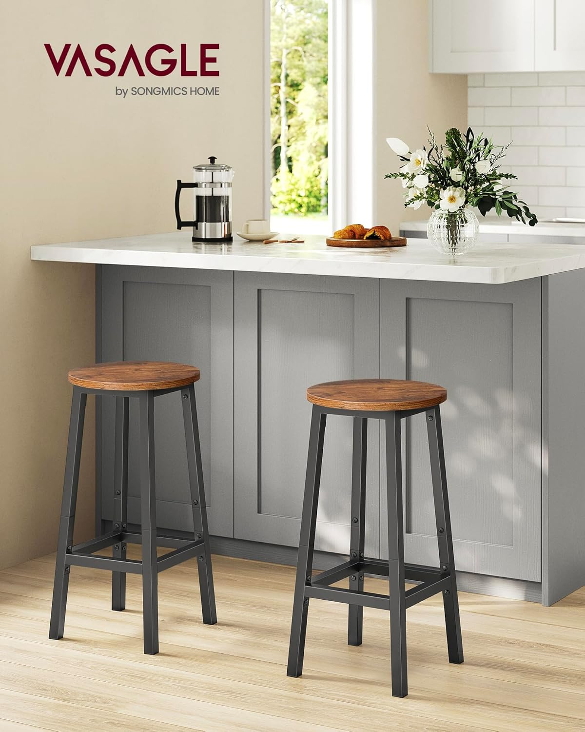 VASAGLE Bar Stools, Set of 2 Bar Chairs, Steel Frame, 25.2 Inch Tall, for Kitchen Dining, Easy Assembly, Industrial Design, Rustic Brown and Black ULBC32X - Greige+Black image number 3