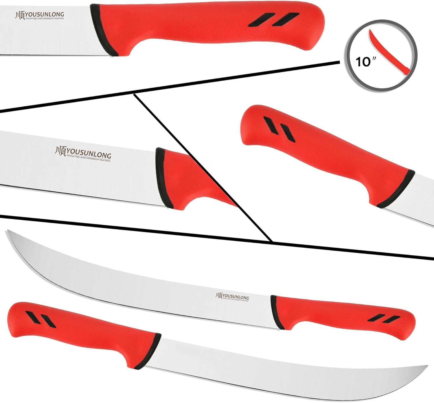 YOUSUNLONG Breaking Butcher Knife - 10 Inch Steak Knife Cimiter Knives - Premium High Carbon Molybdenum Steel Blade - Curved Knife - Santoprene Handle