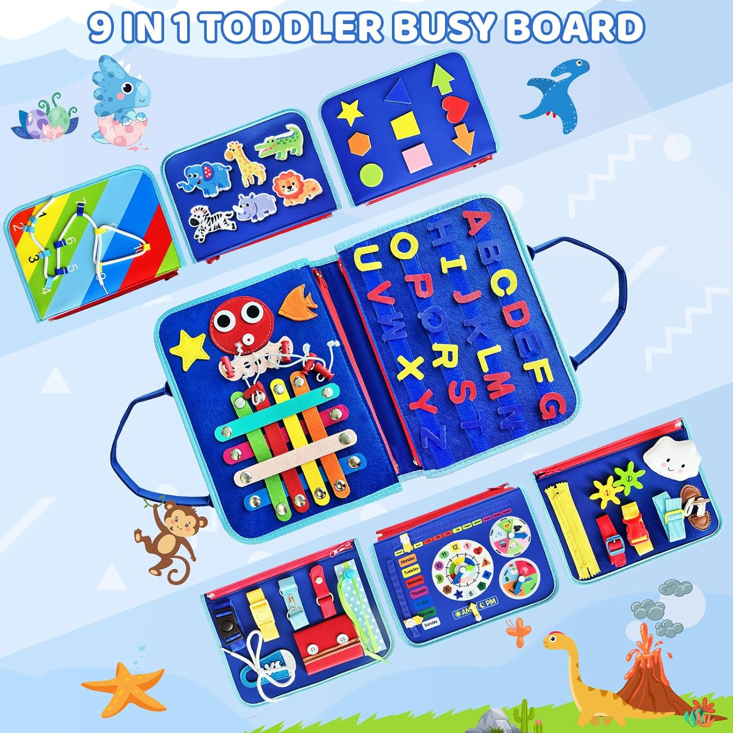 LOVELEDI Busy Board Montessori Toys for Toddlers - Kids Sensory Toys Busy Book Preschool Educational Activities with Zipper Removable for 2 3 4 5 Year Old Boys, Travel Toy Learning Fine Motor Skills - Blue image number 4