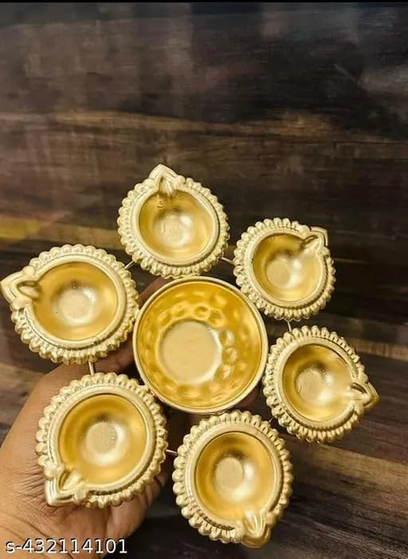 R Ayurveda Copper Diya Shape Iron Flower Decorative Urli for Home | Handcrafted | Golden | Decorative Metal Diya Traditional Golden Bowl Table Decor Gift (Diya URLI Bowl 7 INCHES 6 Diya)