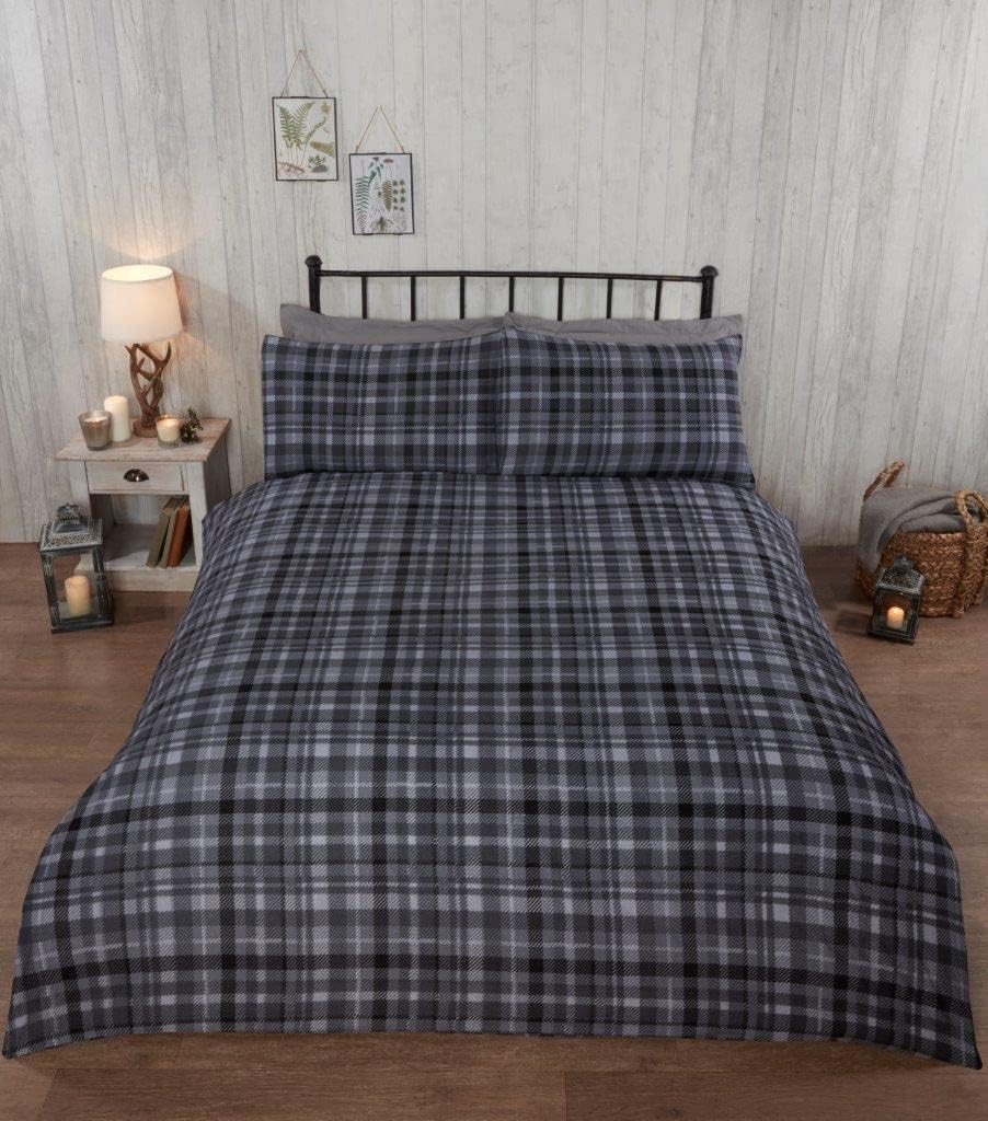 Rapport Home 100% Brushed Cotton Flannelette Angus STAG Winter Duvet Quilt Cover Bedding Set (Single, Grey) - Red image number 2