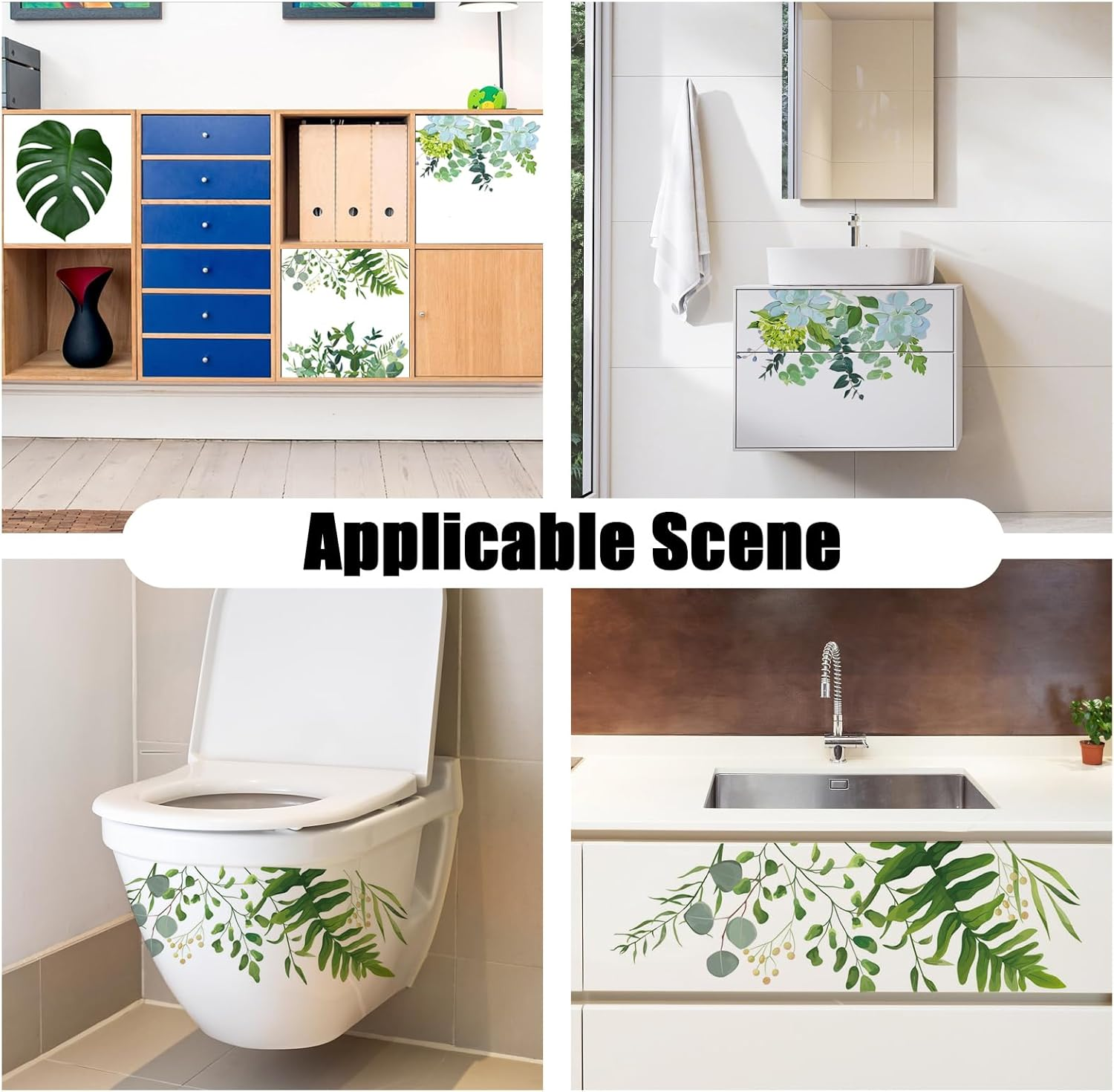 Green Plants Toilet Seat Sticker and Decals - Cistern Wall Sticker, Lid Decals, Bolt Covers for Bathroom Cabinet Decoration (4, Multi)