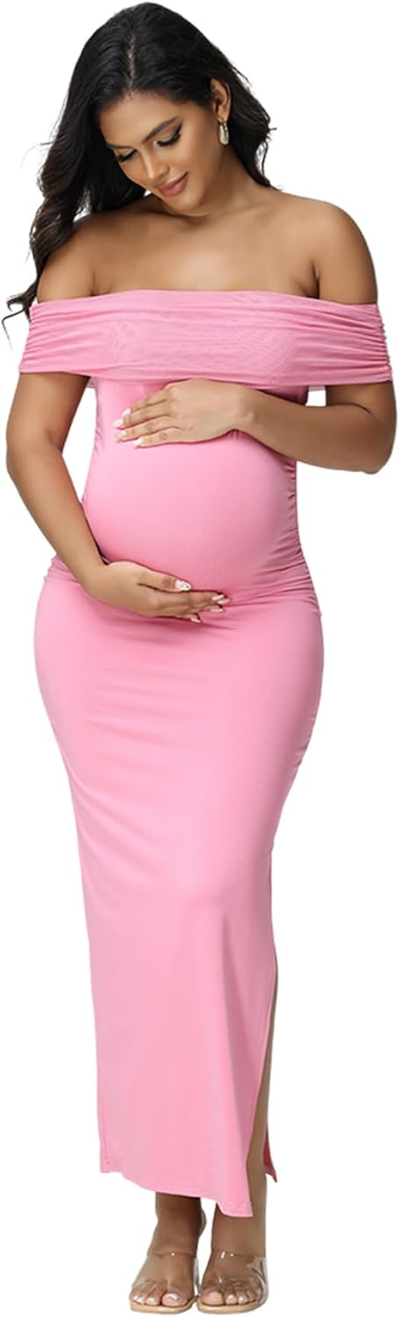 Justvh Women'S Maternity Mesh off Shoulder Sleeveless Split Party Midi Dress for Baby Shower Photoshoot Gown