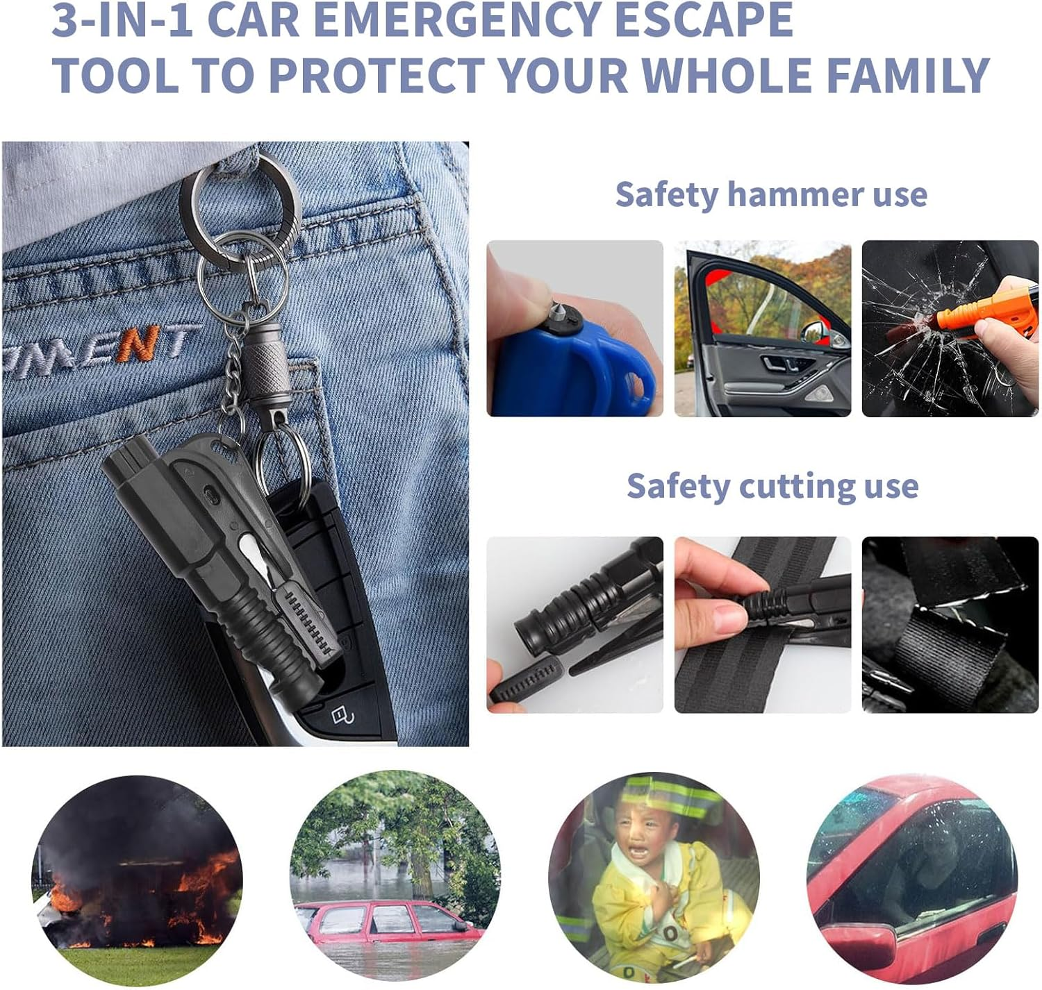 MAEZOE 3-In-1 Car Window Breaker Seatbelt Cutter Keychain, Emergency Window Glass Breaker Tool for Car, Family Safety, Road Trips & Daily Commute &ndash; 3PCS image number 2