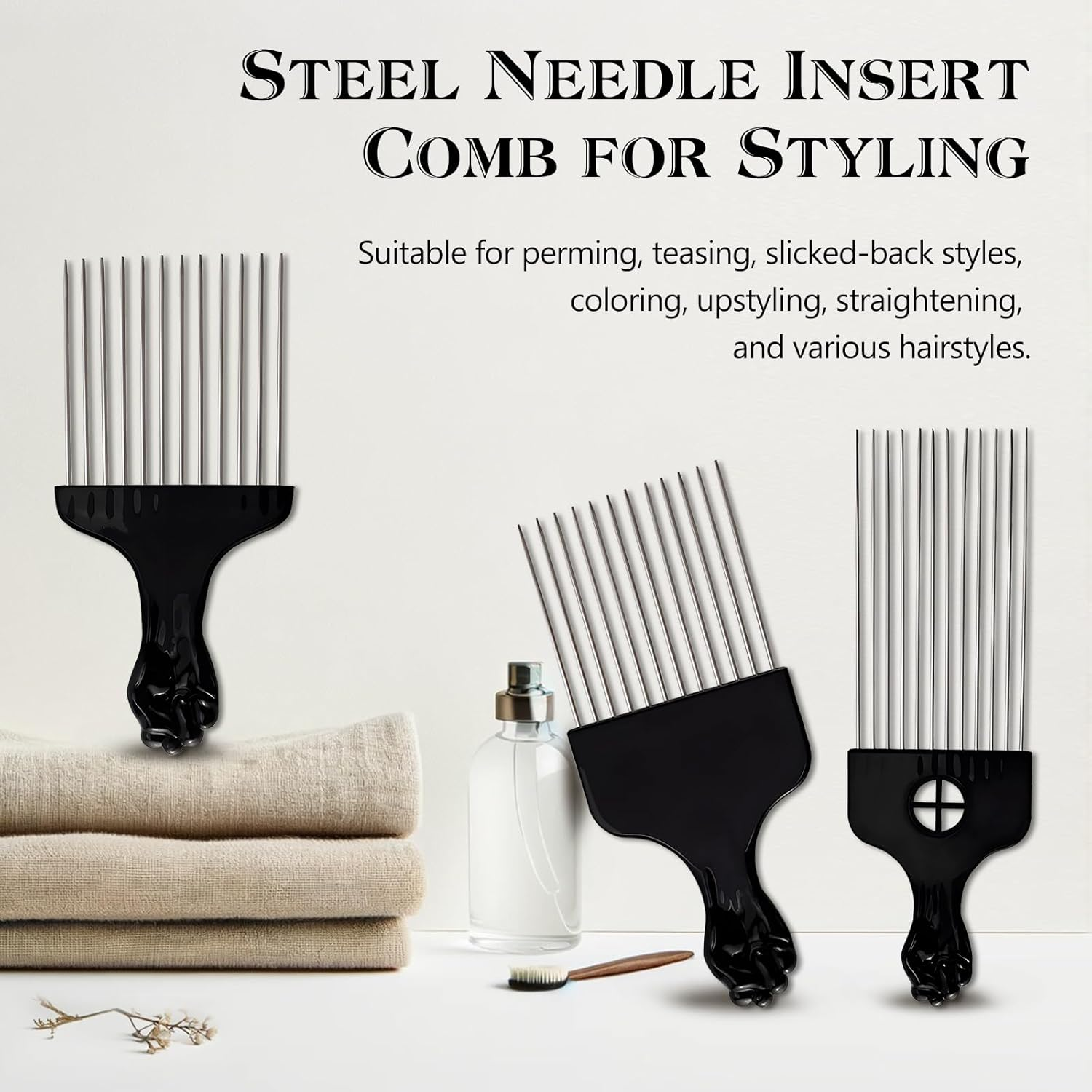 Stylish 3-Piece Black Metal Afro Hair Pick Set: Stainless Steel Wide-Tooth Combs with Classic Fist Design, Essential for Curly & Afro Hair Care and Styling image number 2