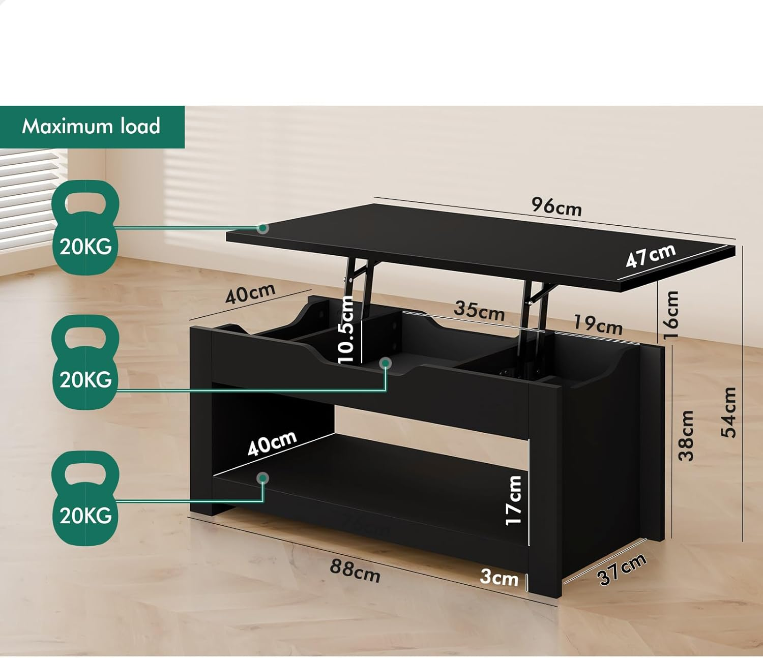 ALFORDSON Multifunctional Lift-Top Coffee Center Table Black Color, Dining Table for Living Room, Office, Reception & Dining, Featuring Rising Tabletop Surface, Hidden Compartment & Open Shelf - Black image number 2