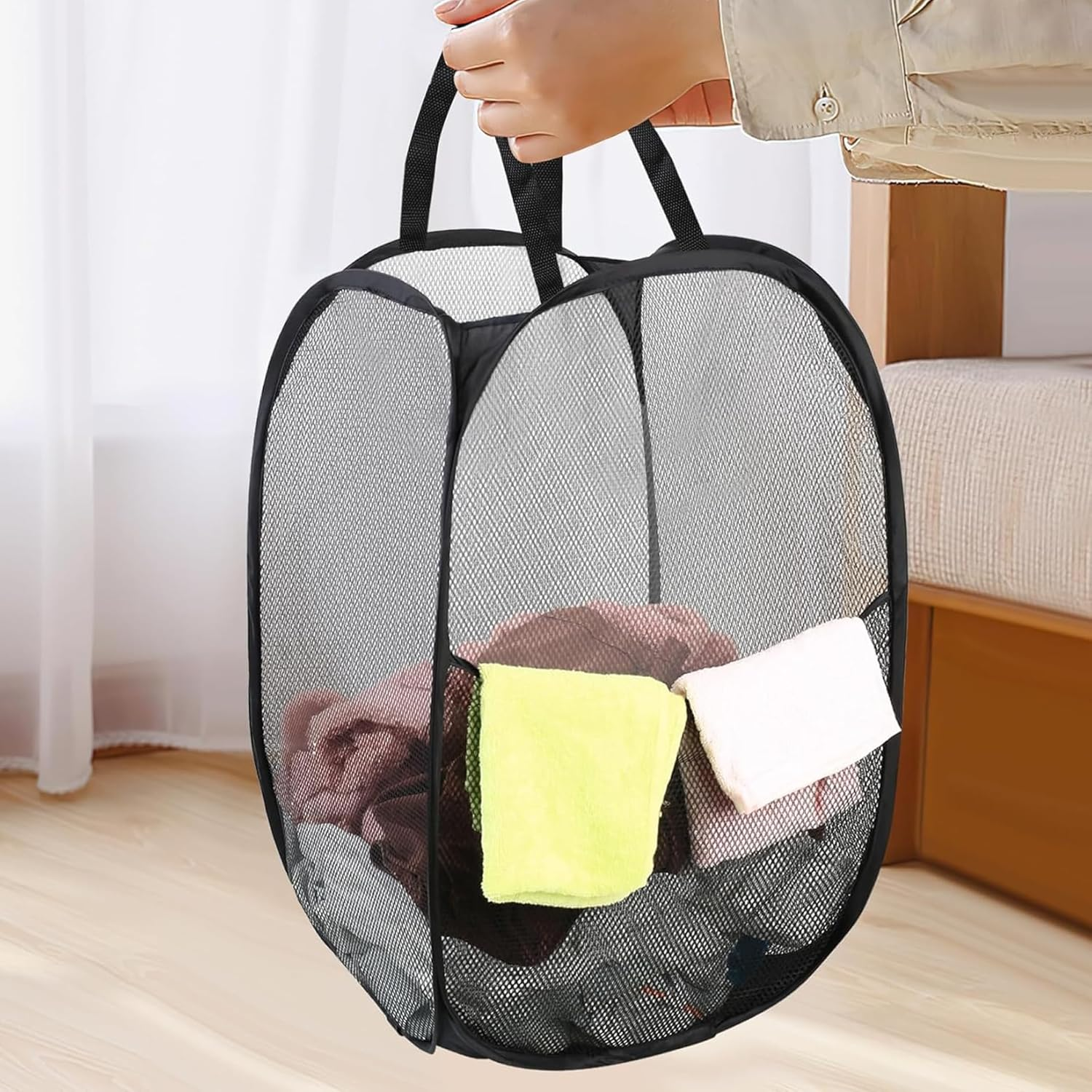 2PCS Collapsible Mesh Laundry Basket, Foldable Dirty Clothes Hamper for Temporary Storage, Pop-Up Basket for Toys, Clothes, and Home Organization, Black image number 2