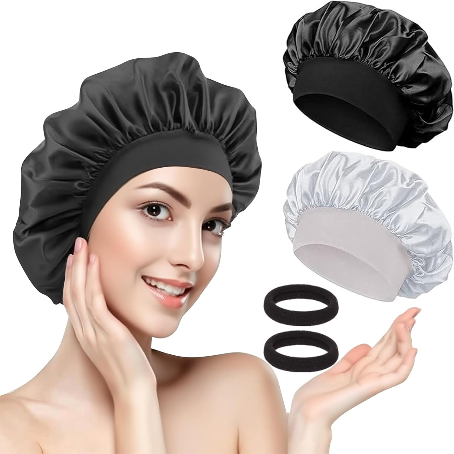 Pack of 2 Satin Hair Caps for Night, Silk Hood for Sleeping with Soft Comfort, Breathable Sleep Cap for Curls and Smooth Hair, Extra Wide Waistband (Black/Silver + 2 Hair Bobbles) image number 2