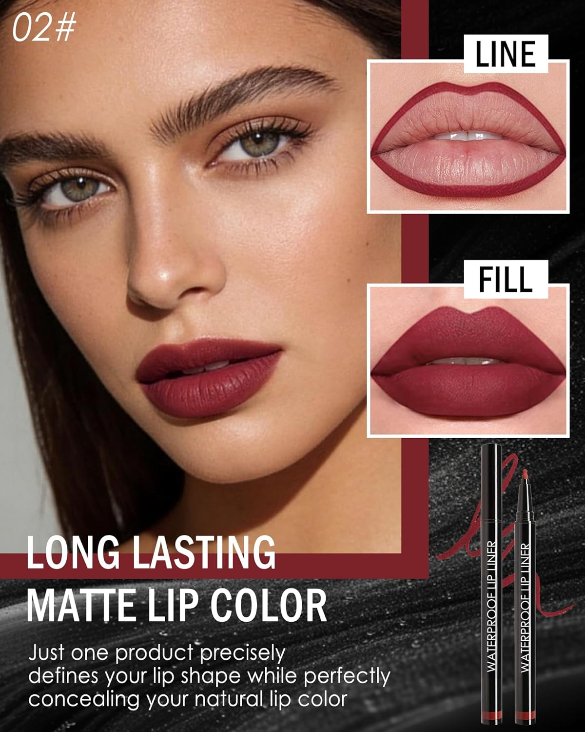 Matte Lip Liner Waterproof, Long-Lasting Smudge-Proof Lip Mark Pencil, Highly Pigmented Liquid Lipstick, Smooth Moisturising Lip Liner Pencils, Lip Gloss, Natural Tattoo Effect, 02# Burgundy image number 5