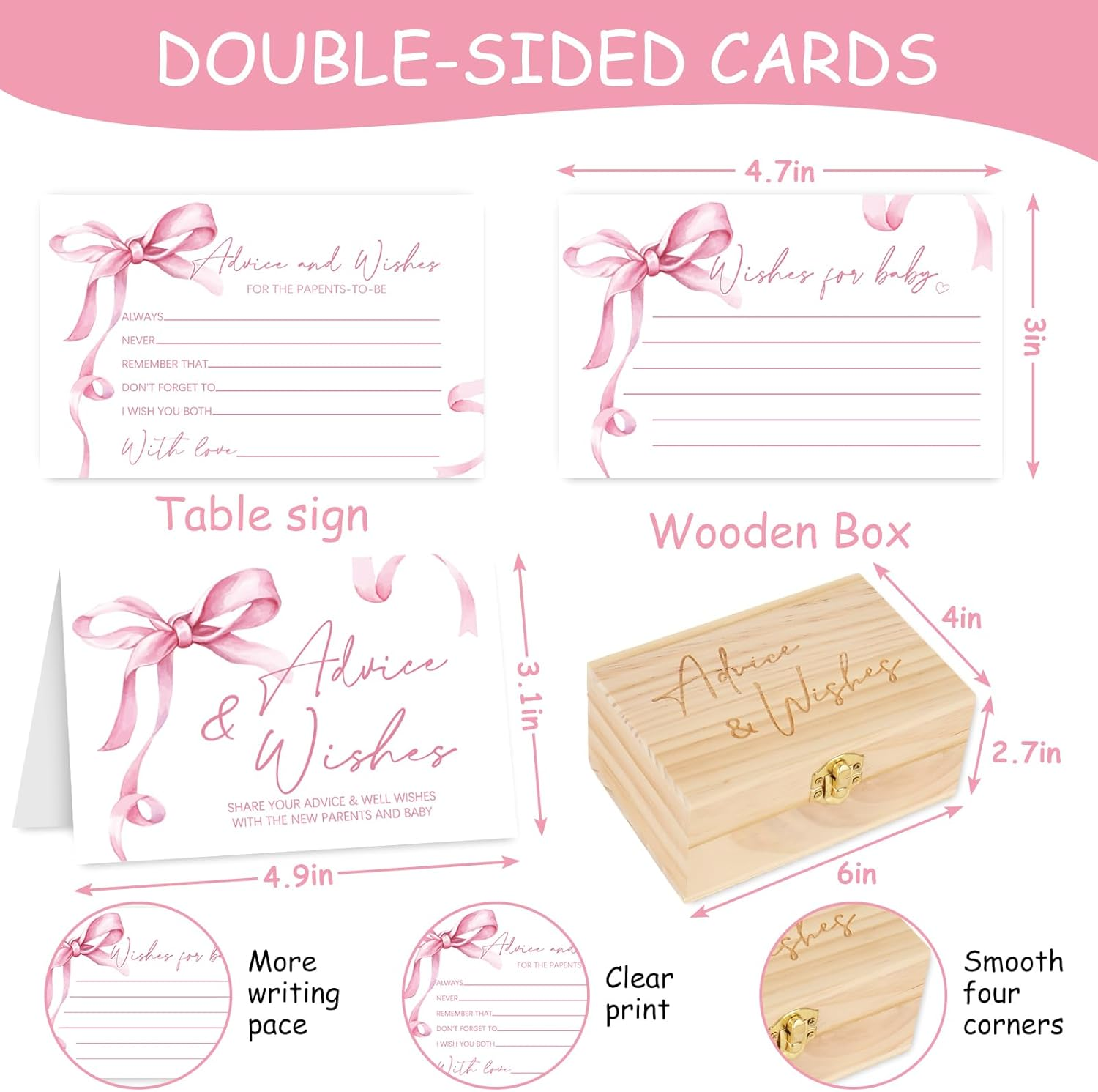 50Pcs Baby Shower Advice Cards Double-Sided Pink Bow Advice and Wish Cards with Wood Box for New Parents Baby Shower Gender Reveal Supplies image number 5