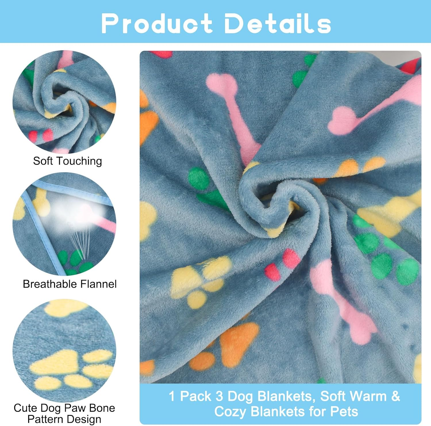 1 Pack 3 Dog Blankets, 3 Pcs Pet Flannel Blankets, Super Soft Fluffy Cute Bone Pattern Fleece Pet Blanket, Throw Blankets for Dogs & Cats, Bedding, Couches & Travel Puppy Blankets