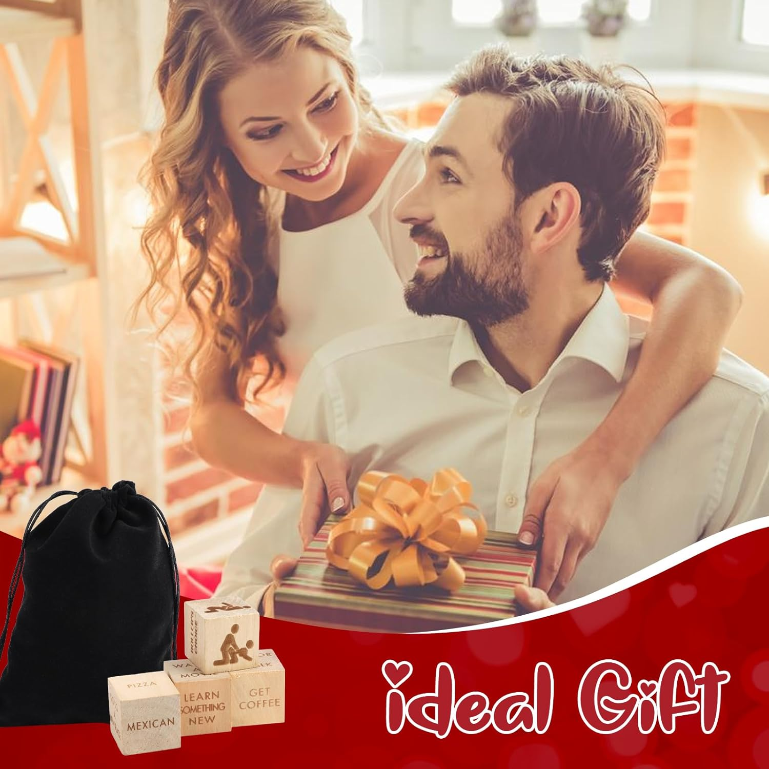 Wooden Date Night Dice, Romantic What to Do Date Night Couples Games with Pouch Storage, Novelty Action Decision Dice Games Date Night Ideas for Couples, Valentine'S Day, Birthday