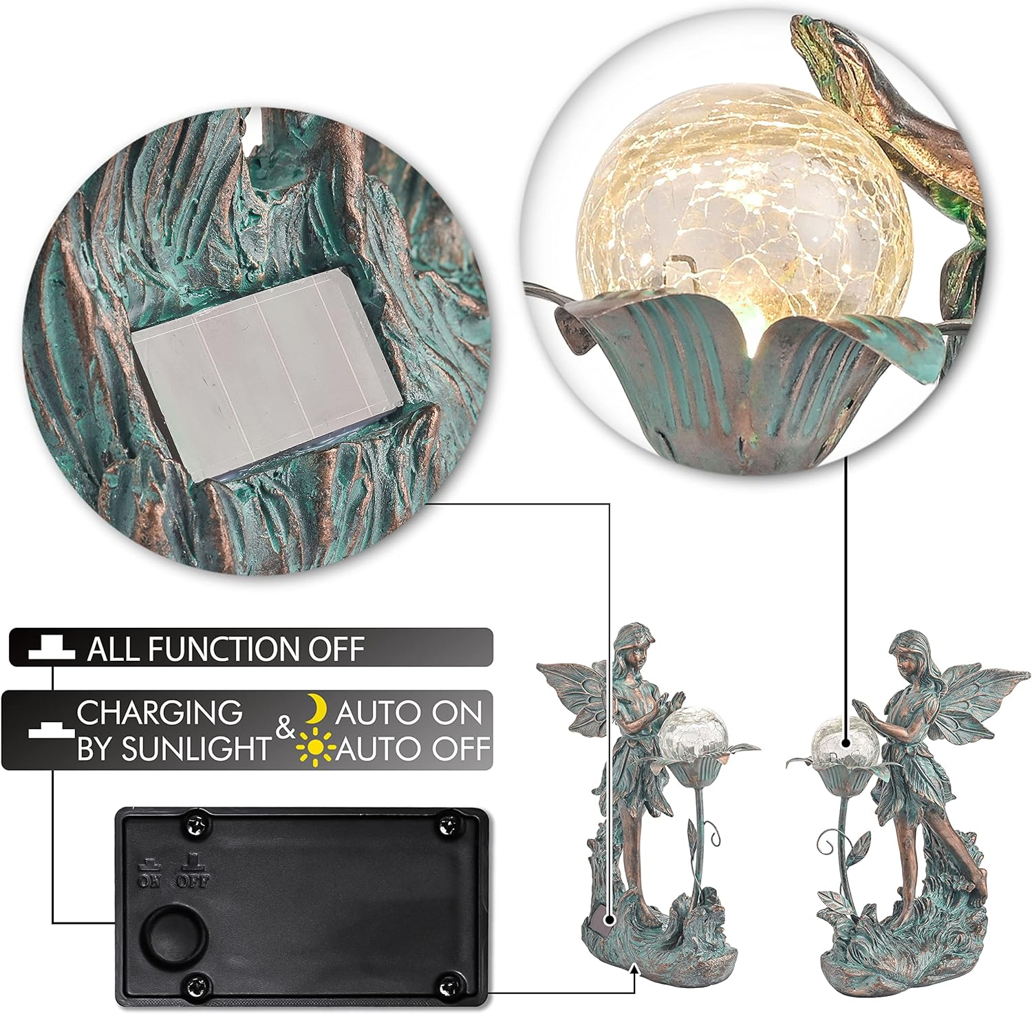 TERESA'S Collections Garden Fairy, Large Bronze Garden Sculptures & Statues with Solar Outdoor Light, Yard Art Lawn Ornaments for Outdoor Decor, Ideal Housewarming Gifts for Mom Birthday 10.6" image number 4