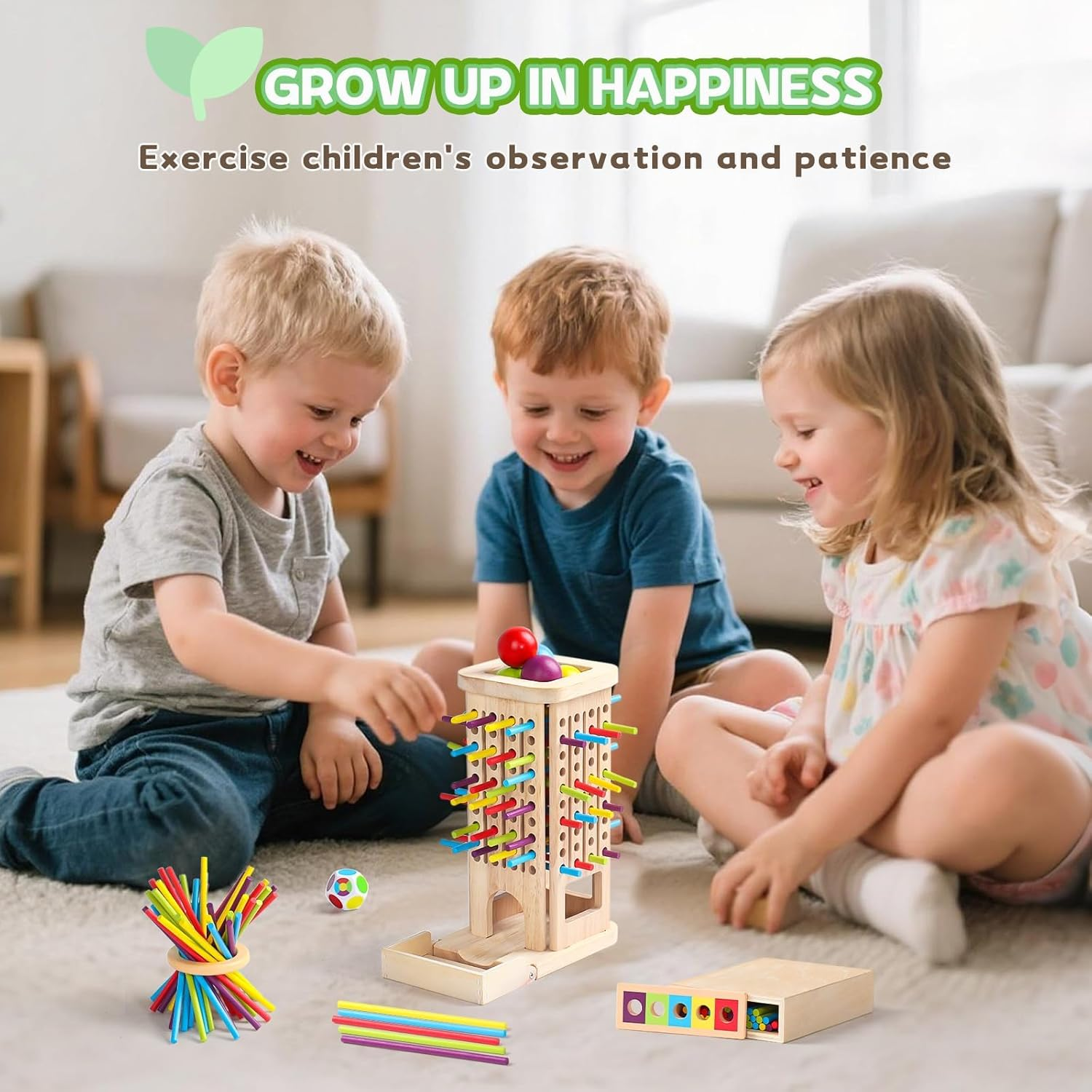 Montessori Educational Toys for 3 Year Old Fine Motor Skills Toys for 5 Year Old Wooden Board Game - with Colorful Sticks, Dice & Stones, Family Game Gifts for Age3 4 5 6 7 8 Boys Girls image number 1