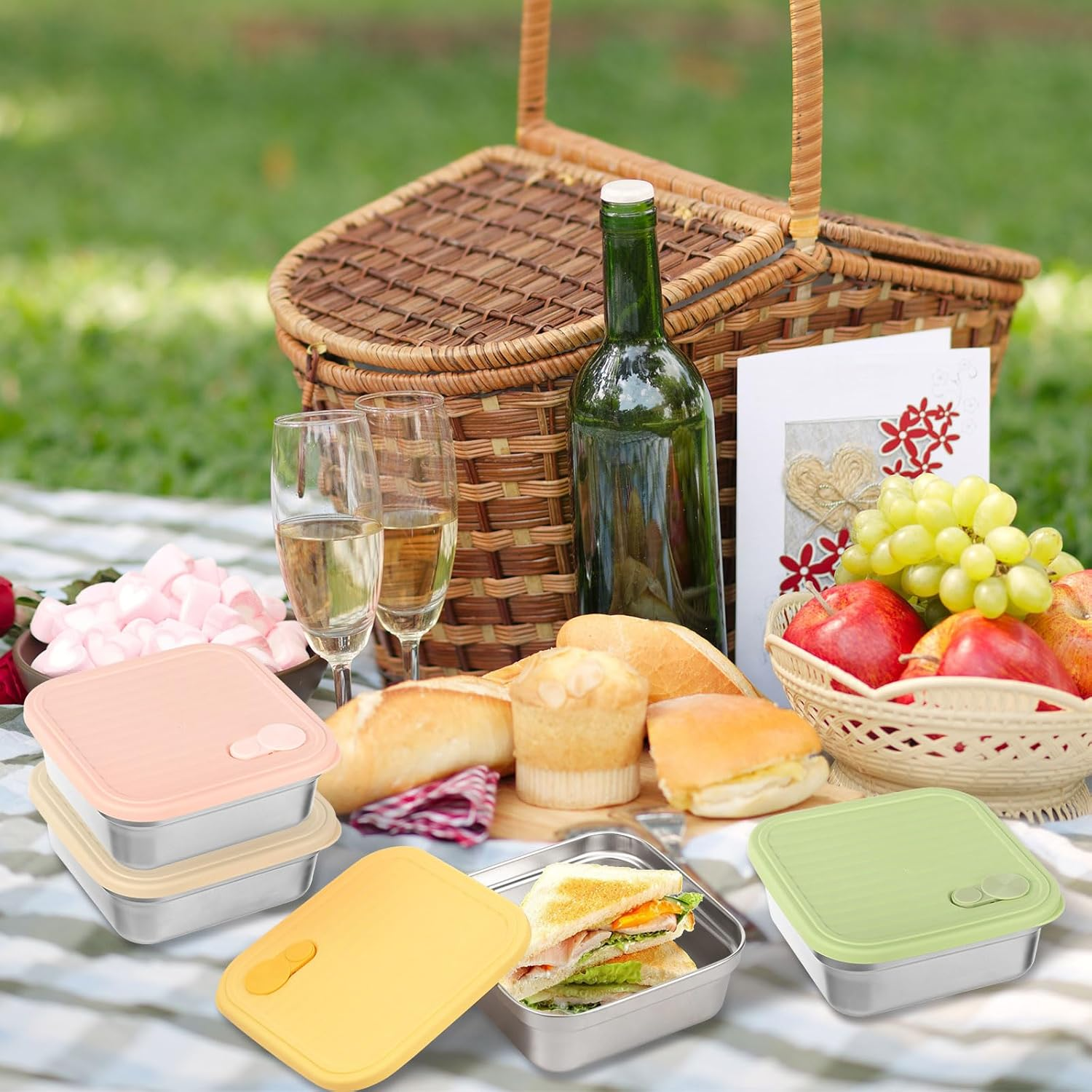 Rdjeokf 4 Pcs Sandwich Containers, Stainless Steel Bento Lunch Box with Airtight Lid, Leakproof Sandwich Box, 21 Ounce Food Storage Containers for Kitchen, Fridge, Travel (01) - 02 image number 5